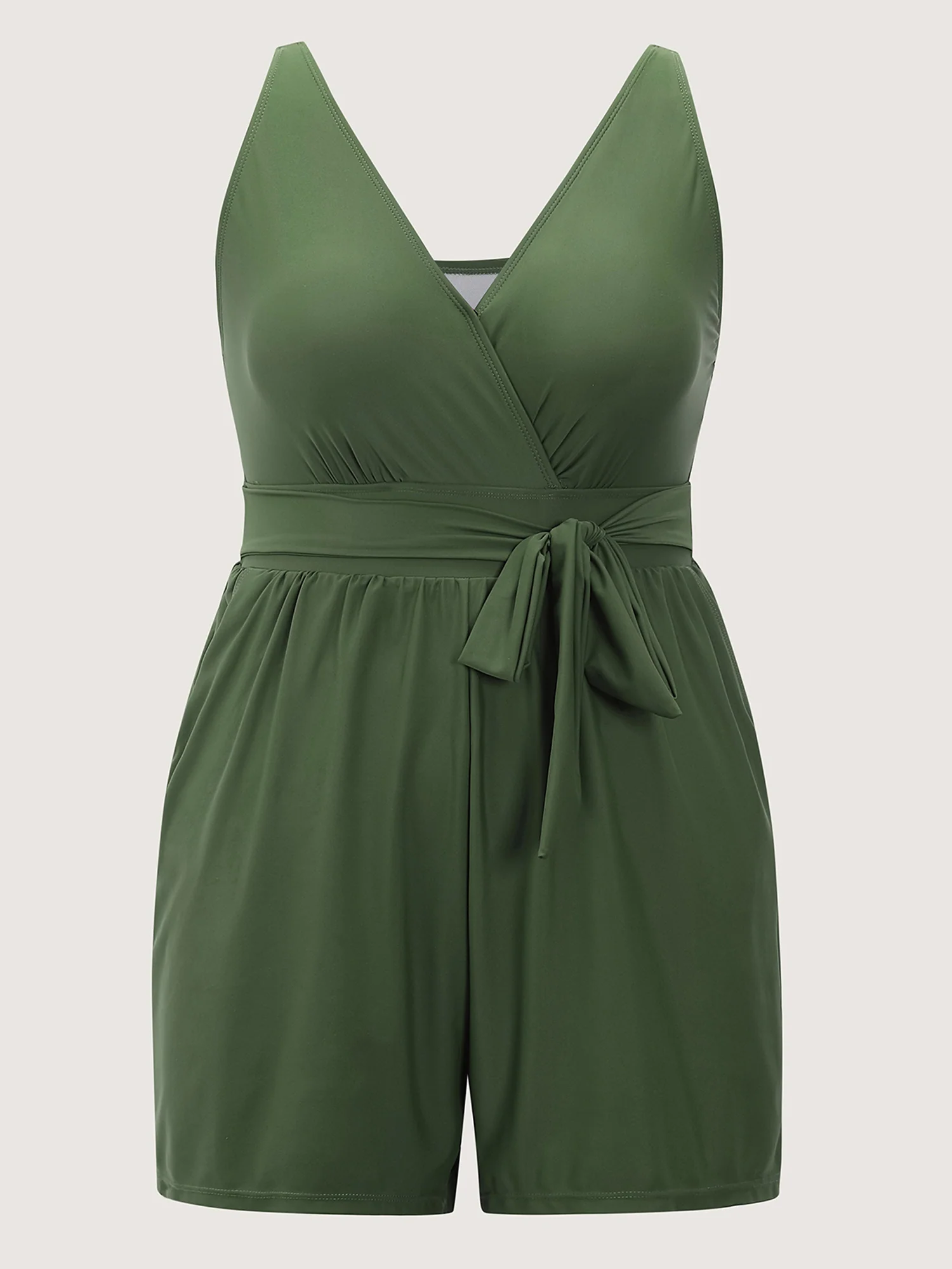 Surplice Neckline Belted Plain One-Piece Swimsuit