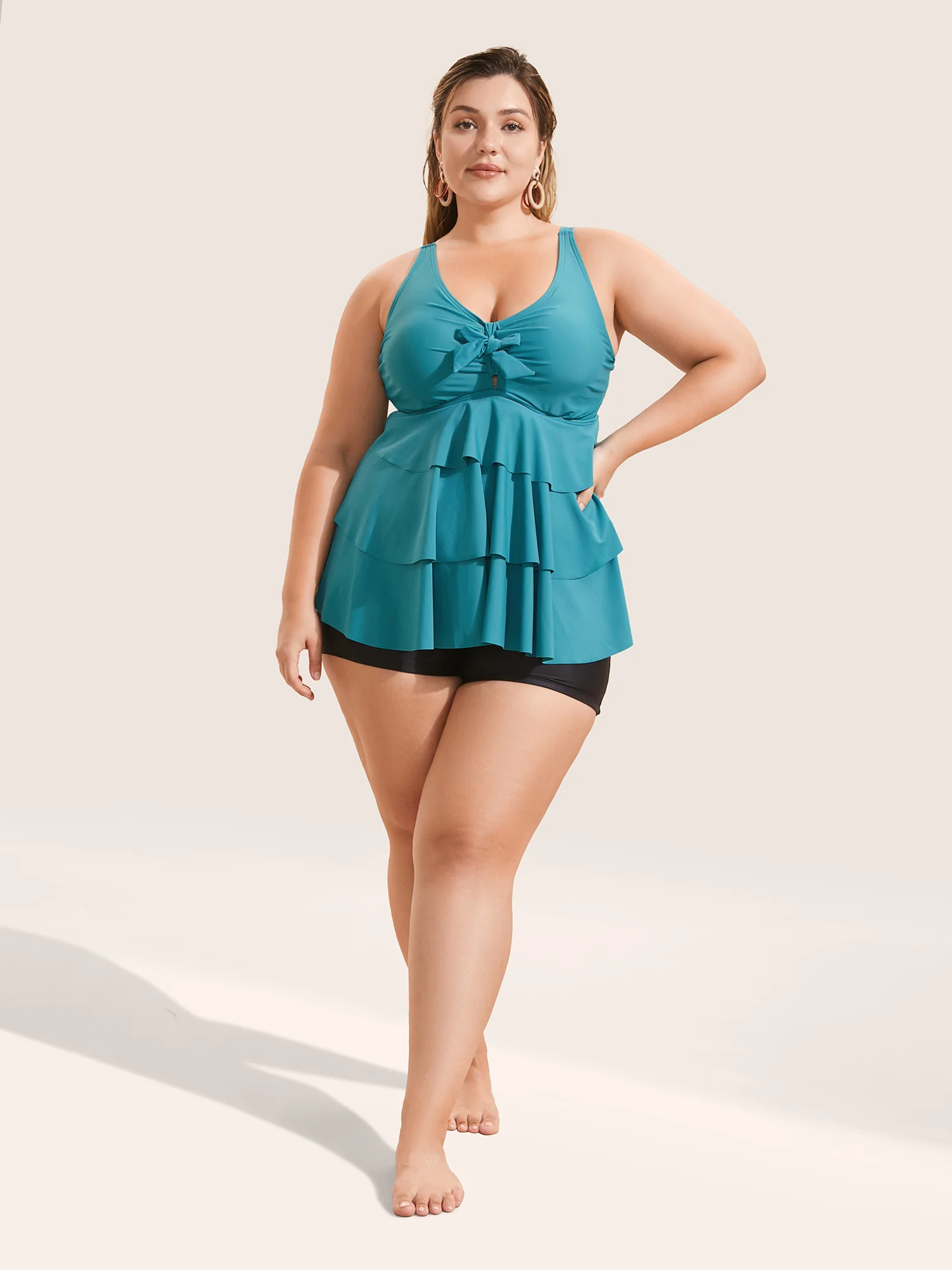 Knotted Front Ruffle Tiered Tankini Top