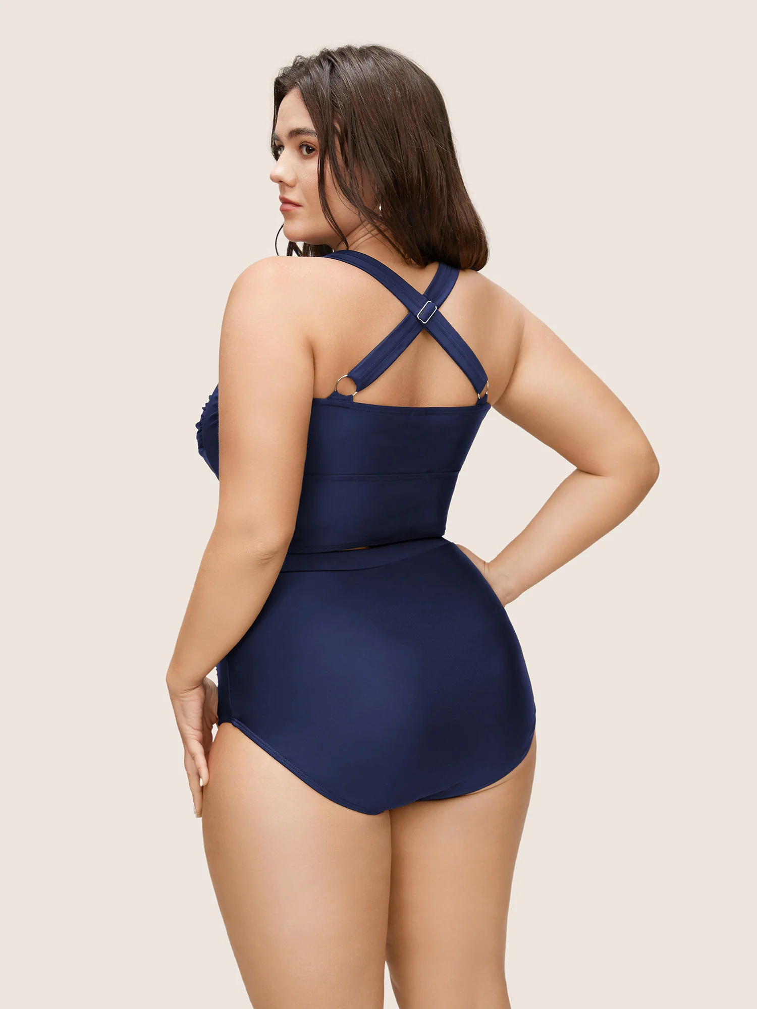 Solid Crossover Square Neck Adjustable Straps Swim Top