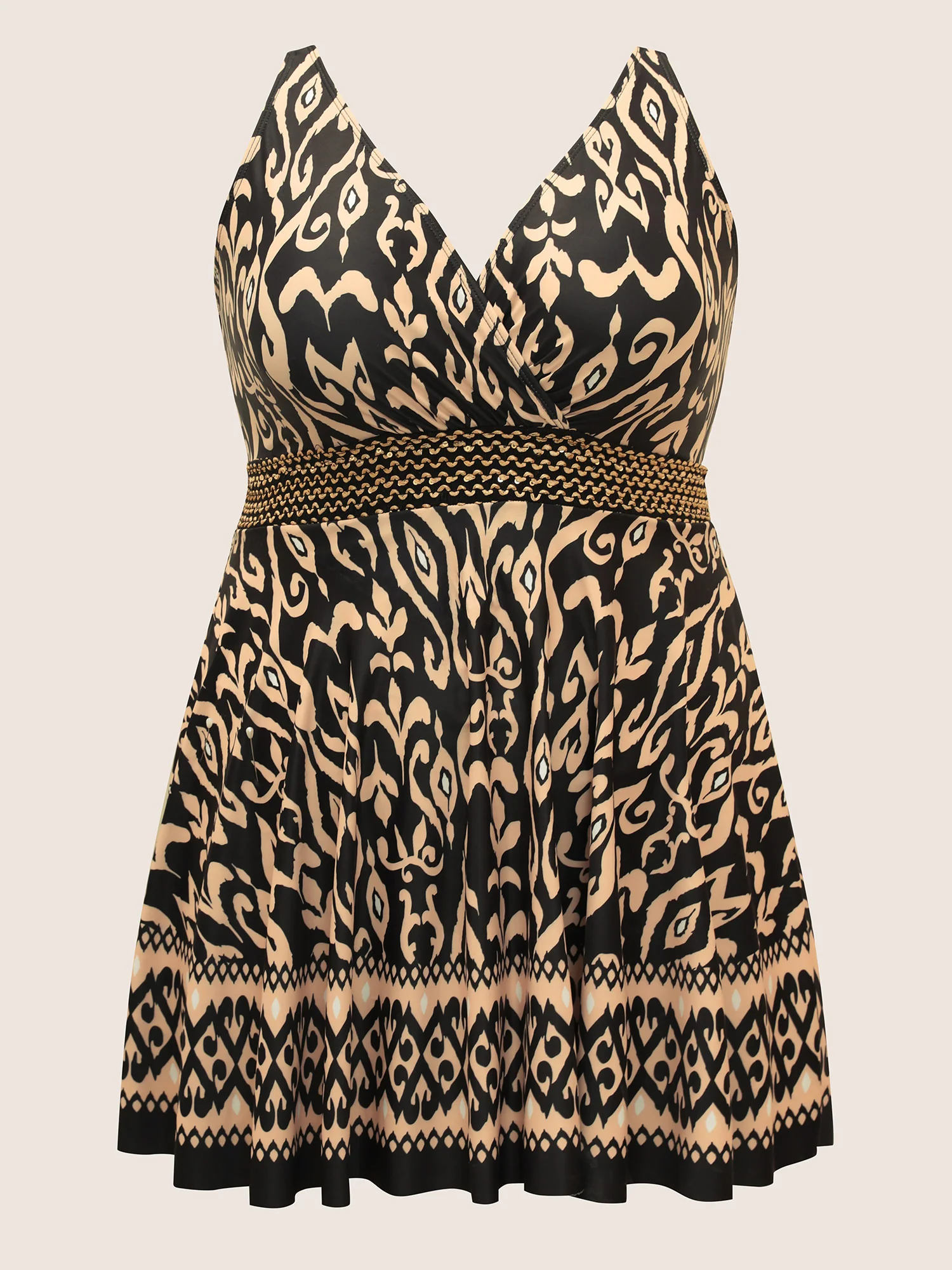 Boho Print Overlap Collar Woven Ribbon Swim Dress