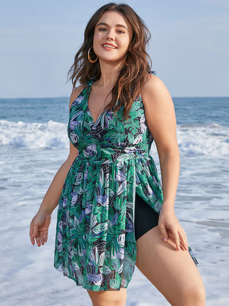 Tropical Print Bow Sculpt Waist Split Swim Dress