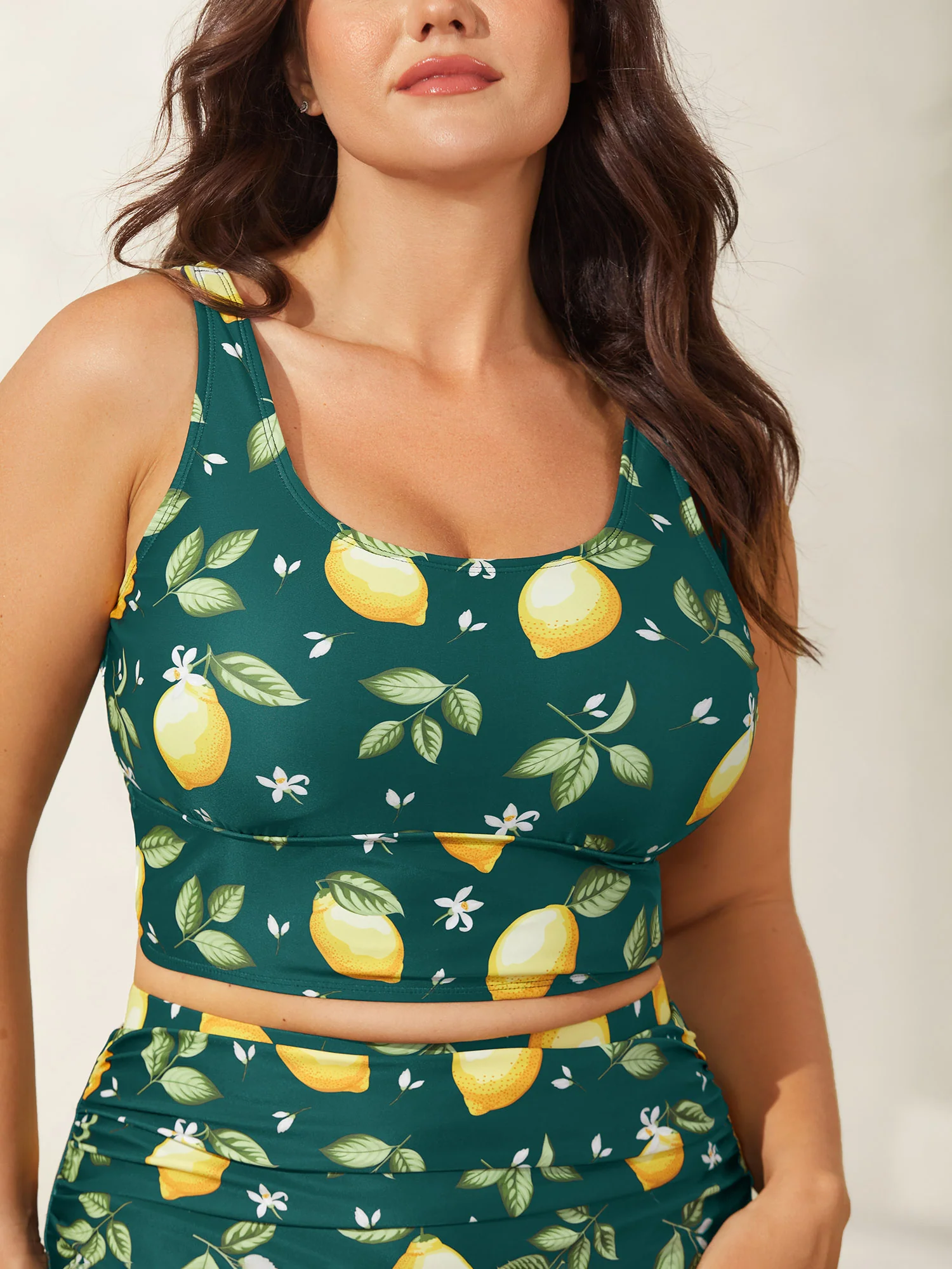 Lemon Print Scoop Neck Swim Top