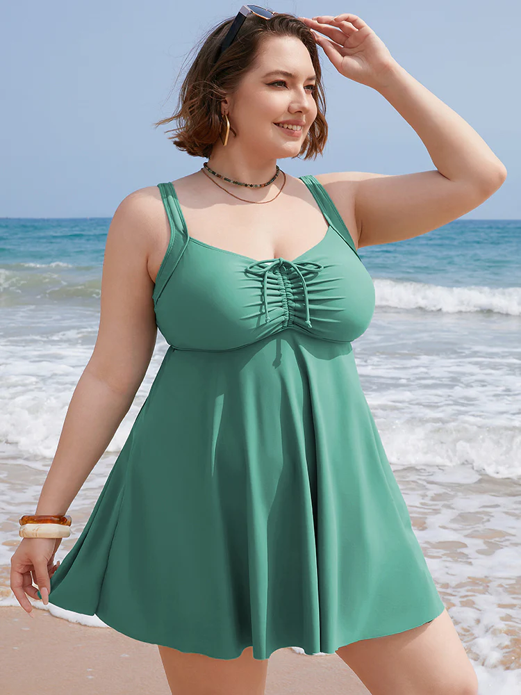 Ruched Drawstring Flutter Hem Swim Dress