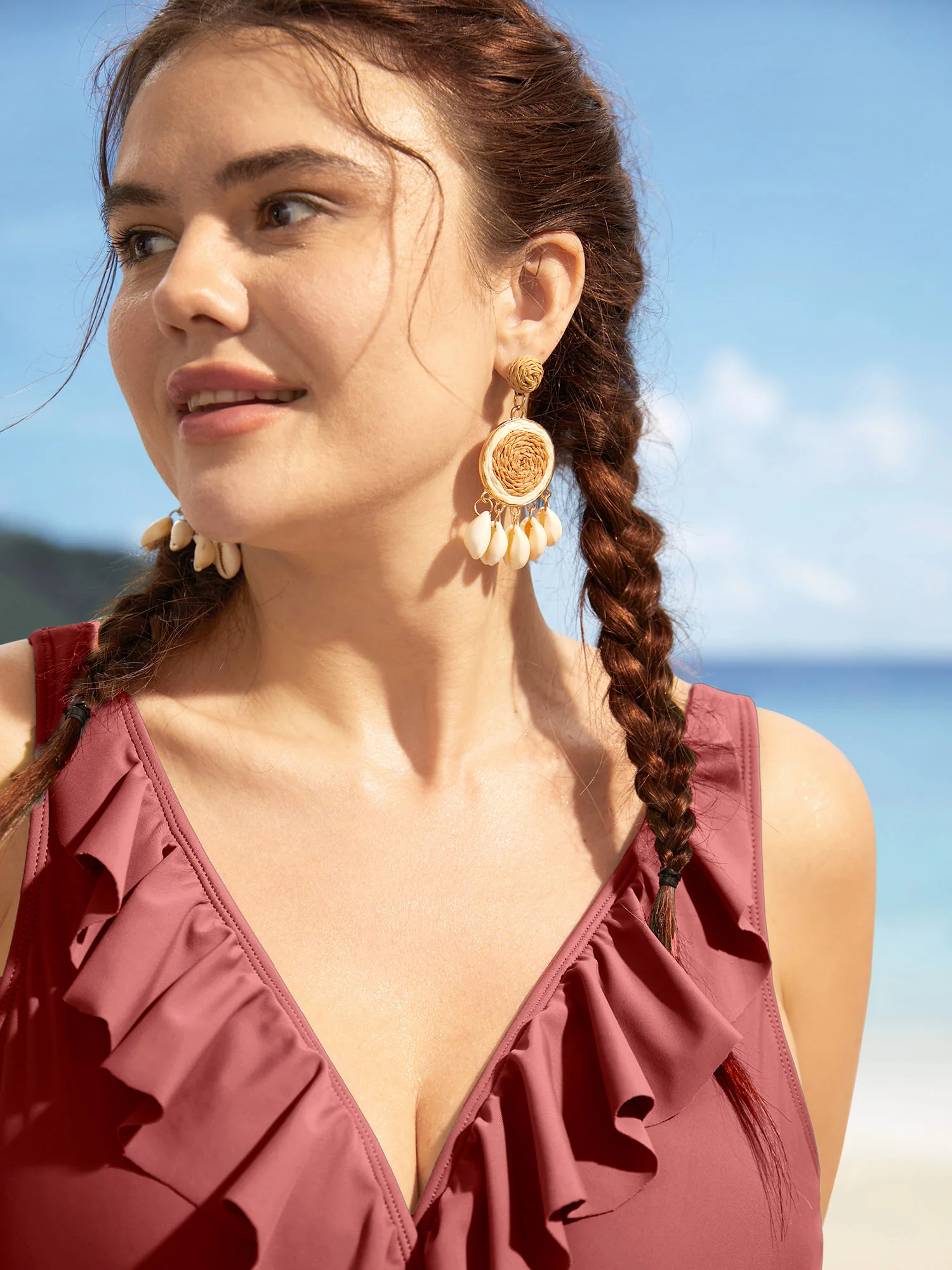 Solid Ruffle Surplice Neck Trim Swim Top