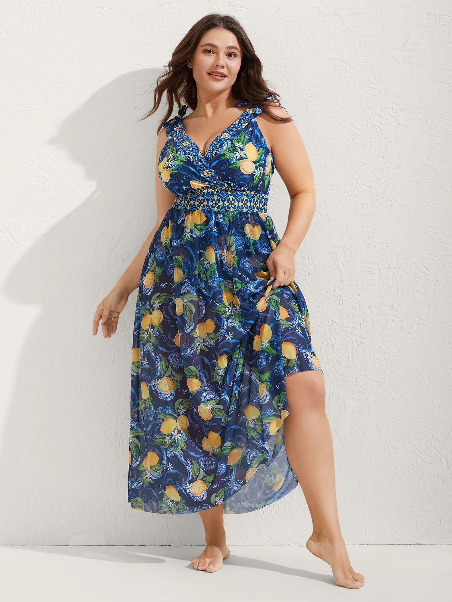 Two-Piece Citrus Print Sarong Swimsuit