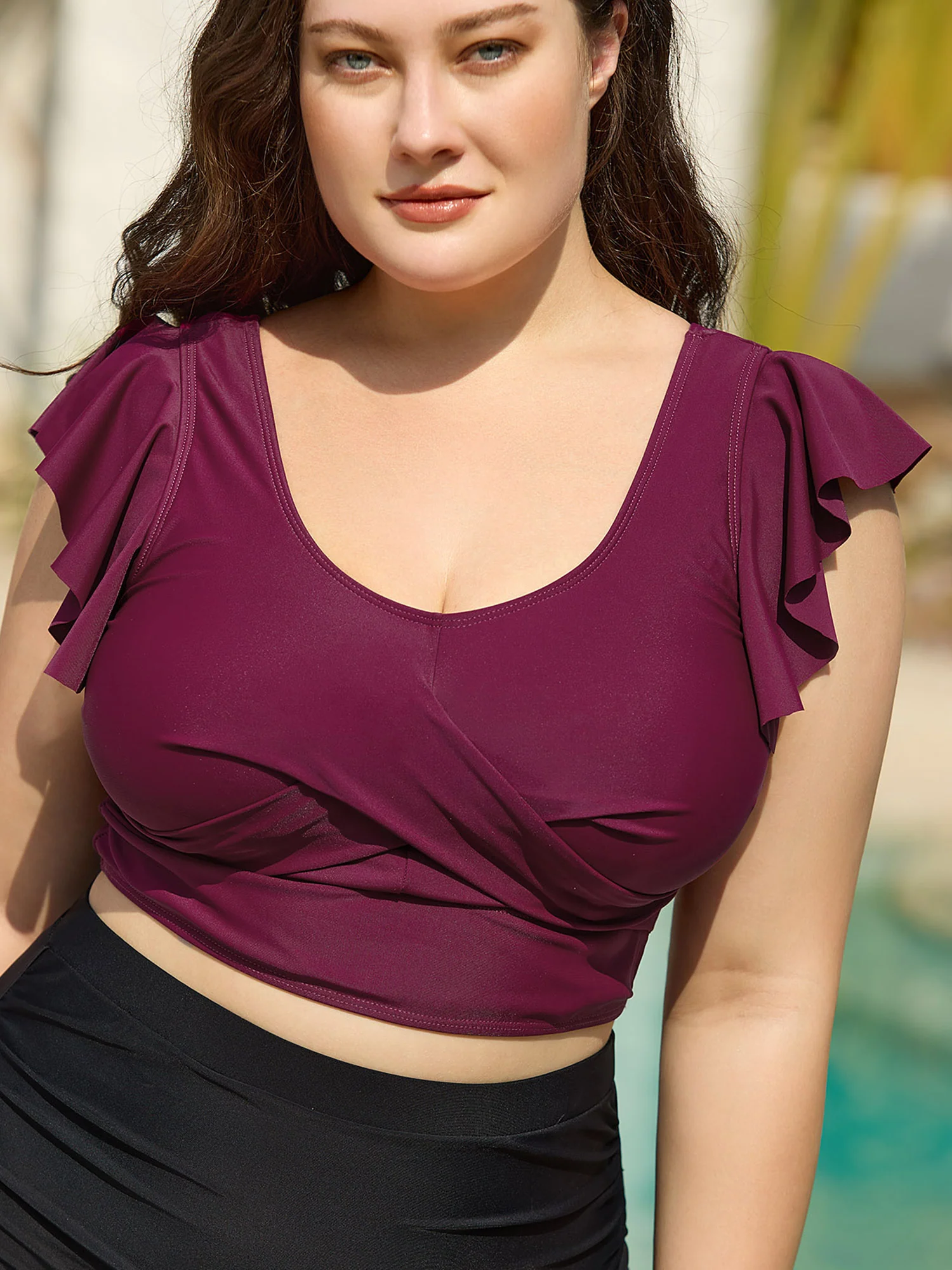 Twist-Front Flutter Sleeve Swim Top