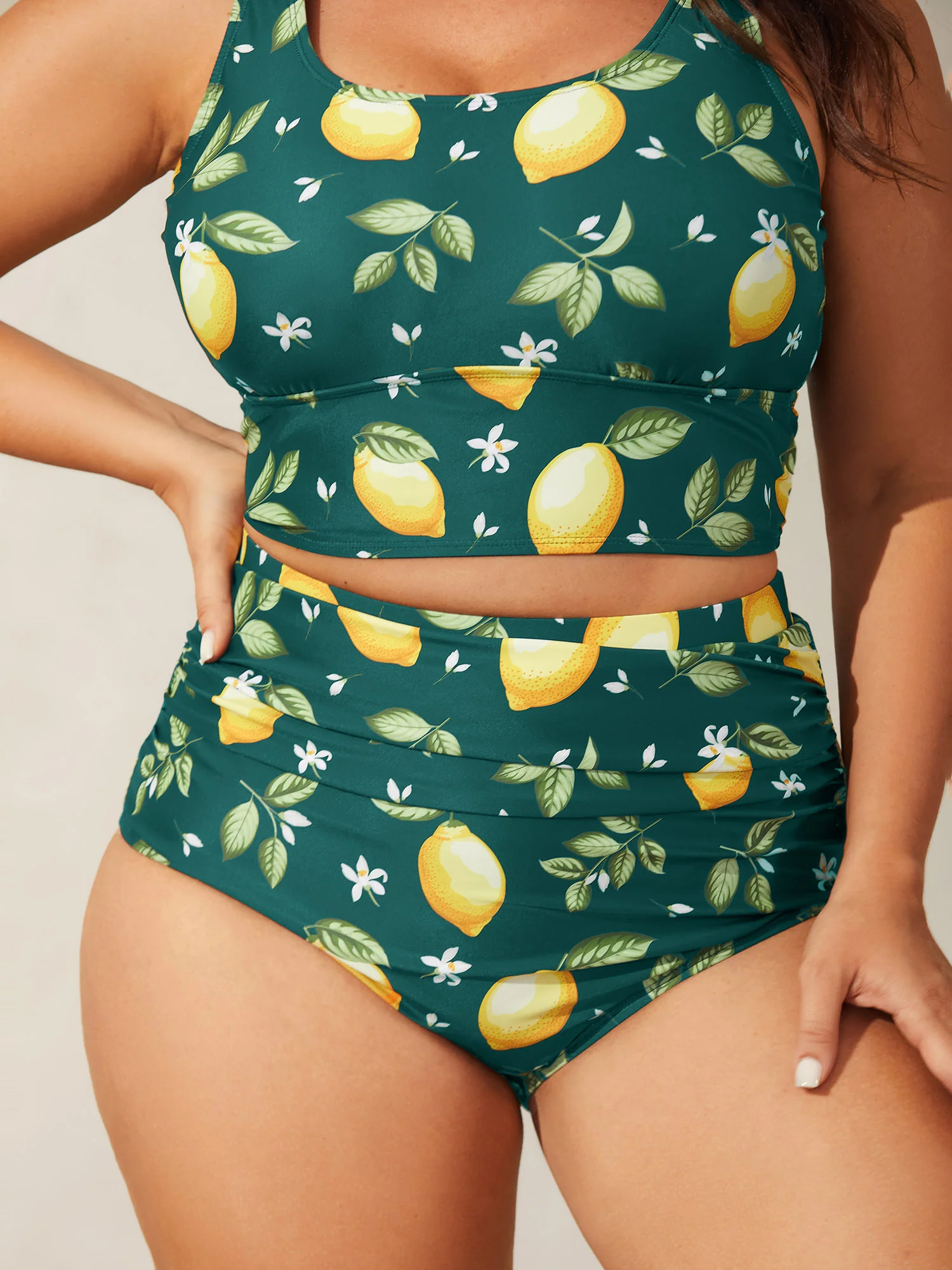 Lemon Print Pleated Tight-Fit Swim Bottoms