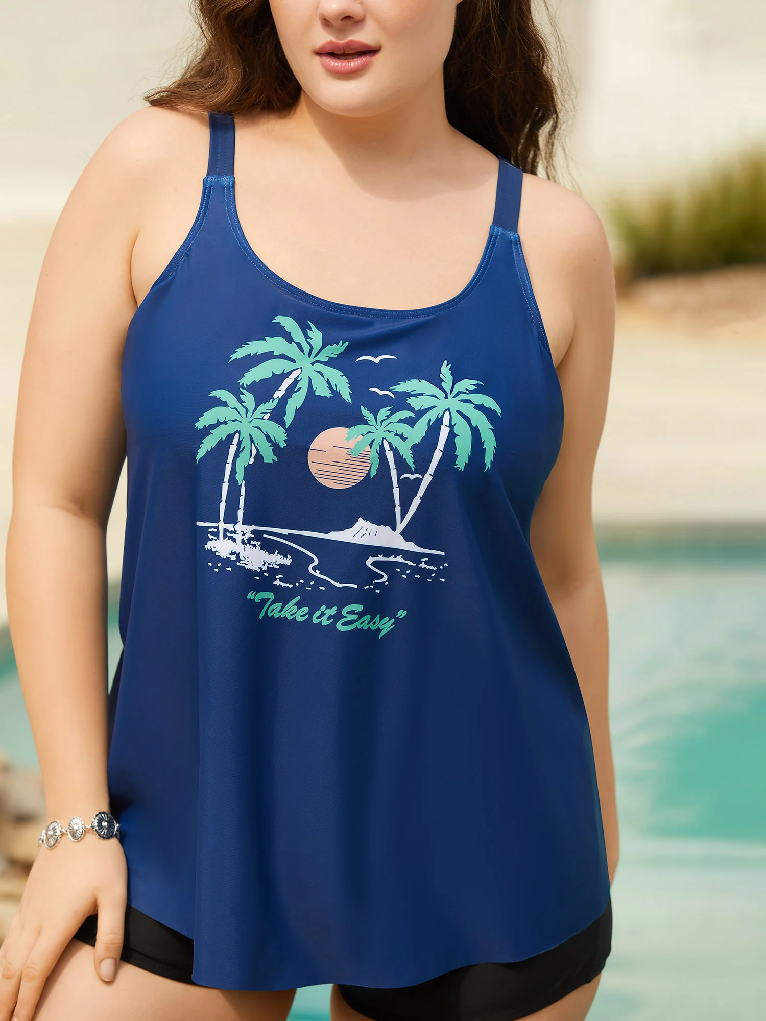 Island Print Non-Removable Cups Swim Top