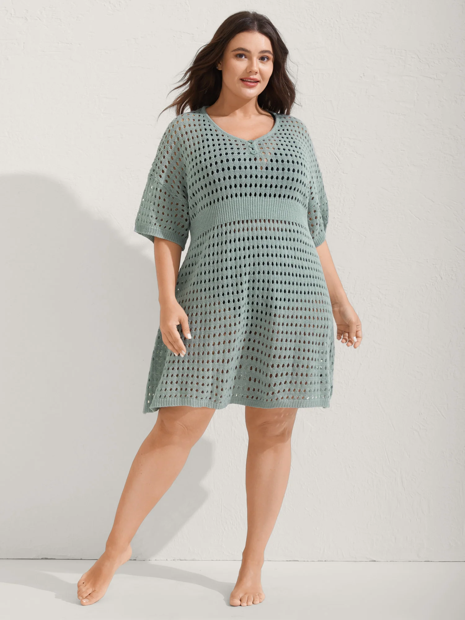 Cut-Out Waist-Cinched Button Swim Cover-Up