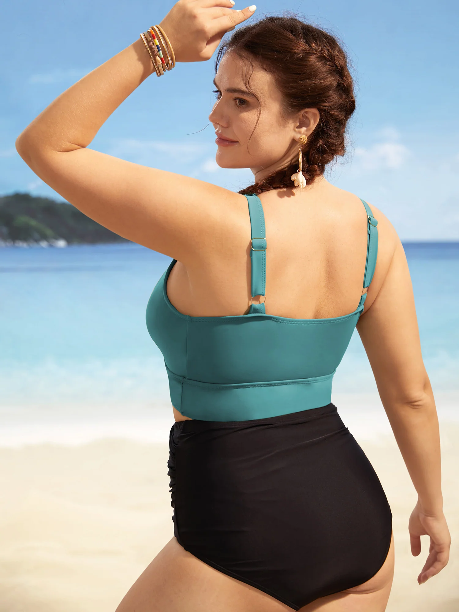 Solid Ruffle Surplice Neck Trim Swim Top