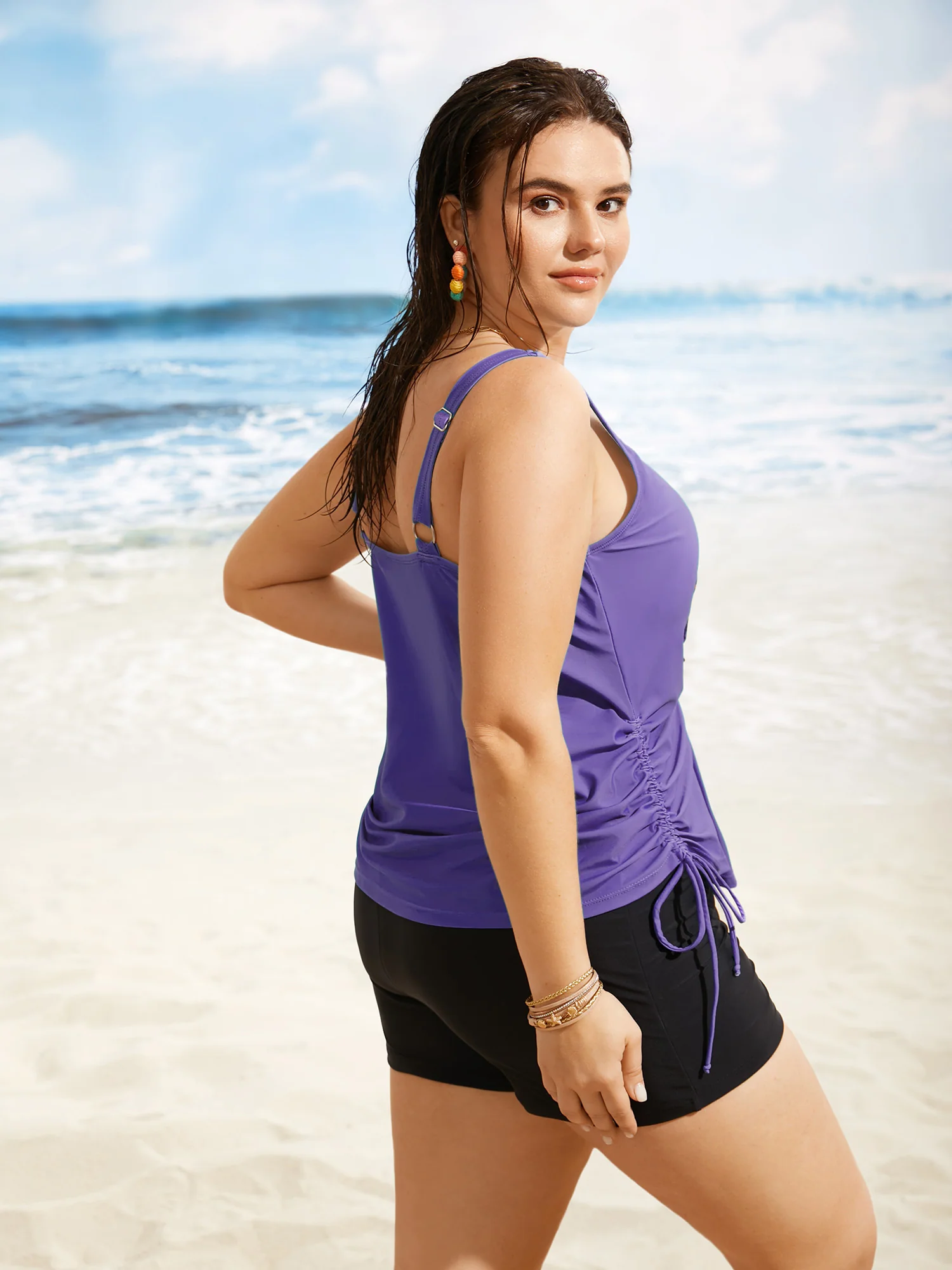 Island Print Drawstring Adjustable Swim Top