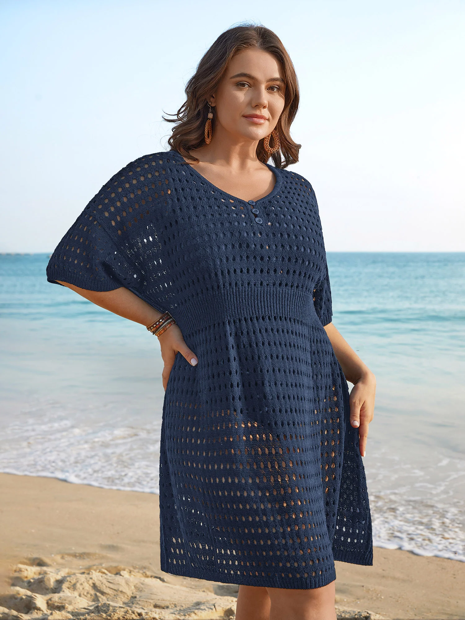 Cut-Out Waist-Cinched Button Swim Cover-Up