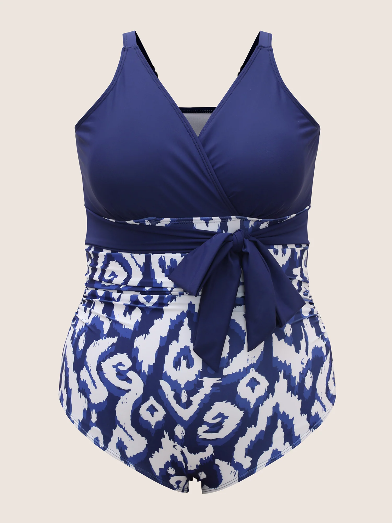 Overlap Collar Boho Print Tie Knot One Piece Swimsuit