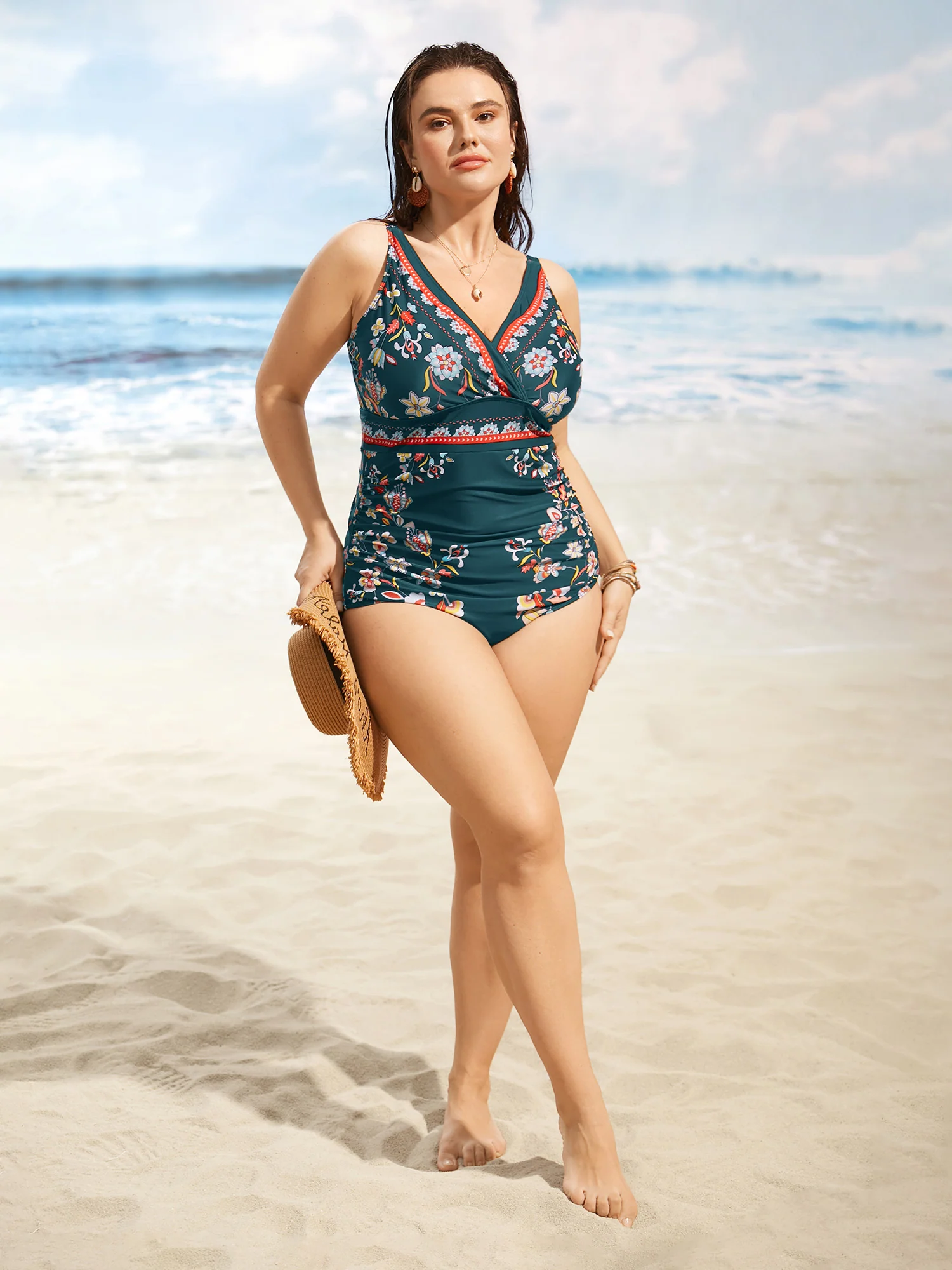 Boho Print Surplice Neck Ruched One Piece Swimsuit