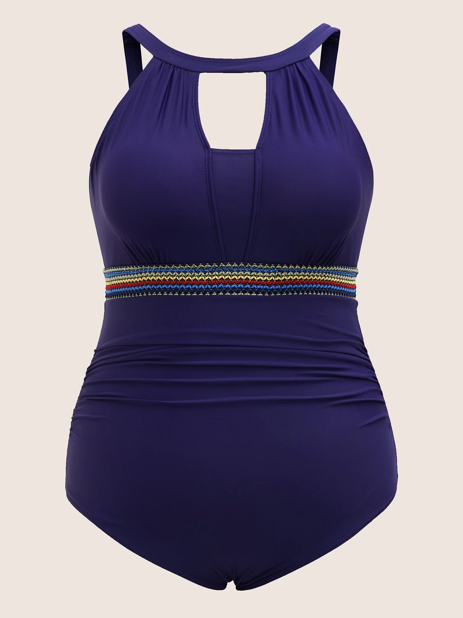 Keyhole Contrast Webbing Ruched One Piece Swimsuit