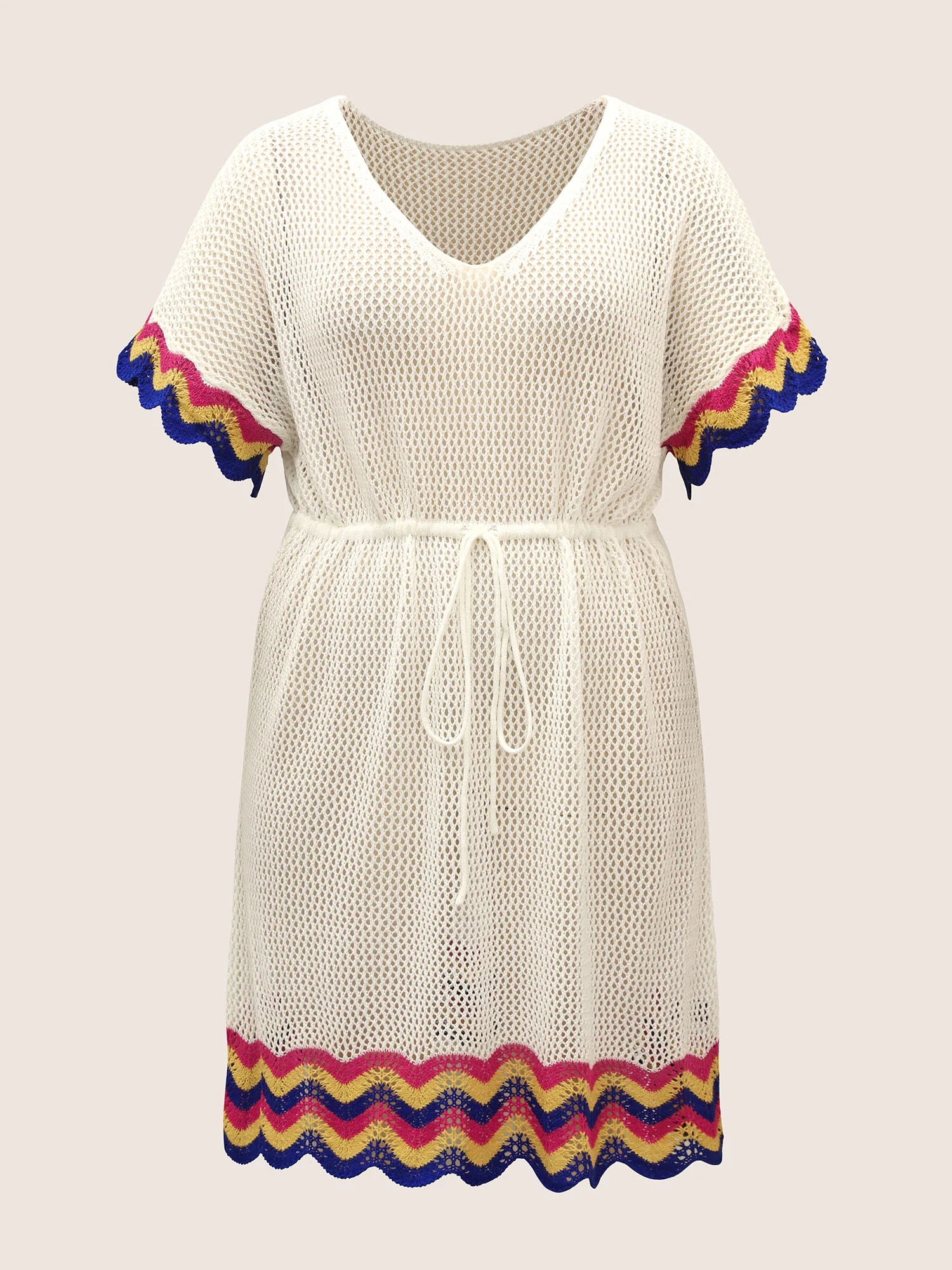 Deep V Neck Contrast Striped Drawstring Swim Cover Up