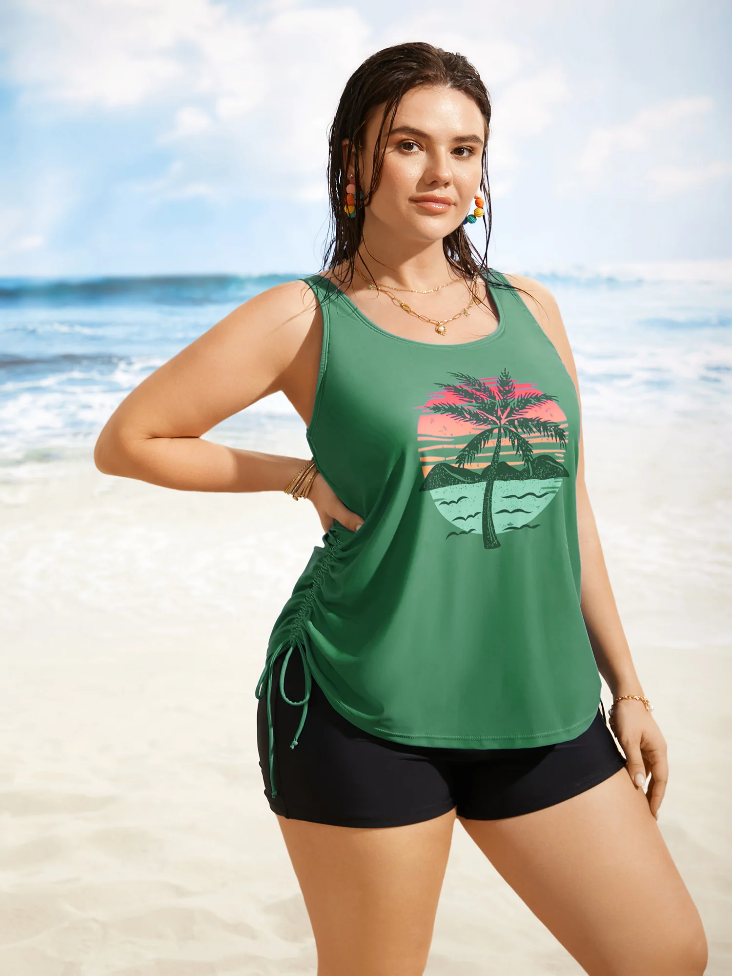 Island Print Drawstring Adjustable Swim Top