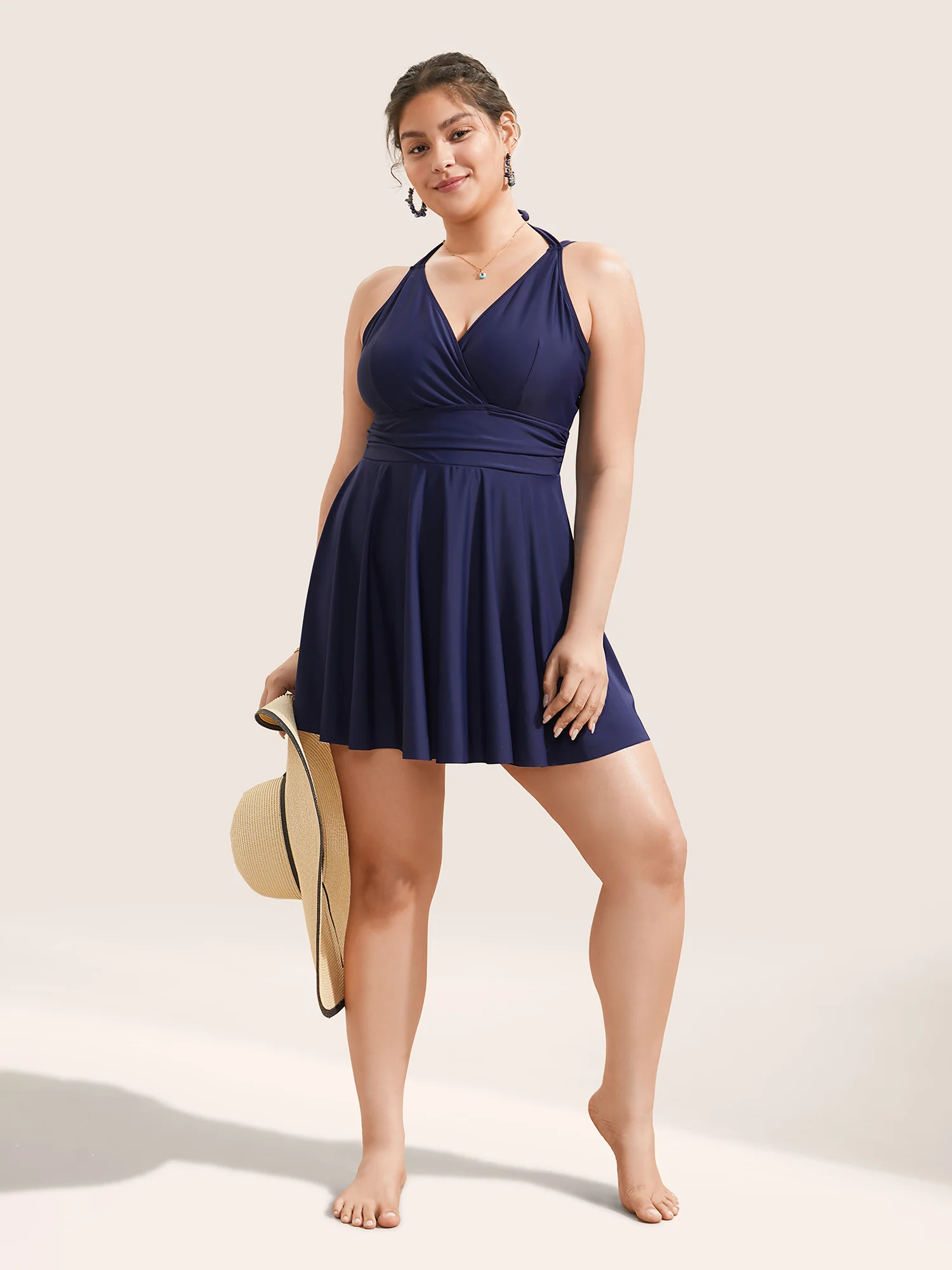 Solid Ruffle Hem Empire Waist Halter Neck Swim Dress