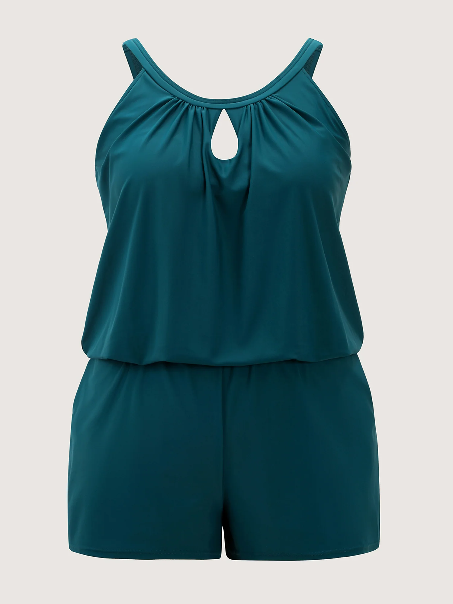 Solid Keyhole Elastic Waist Gathered One Piece Swimsuit