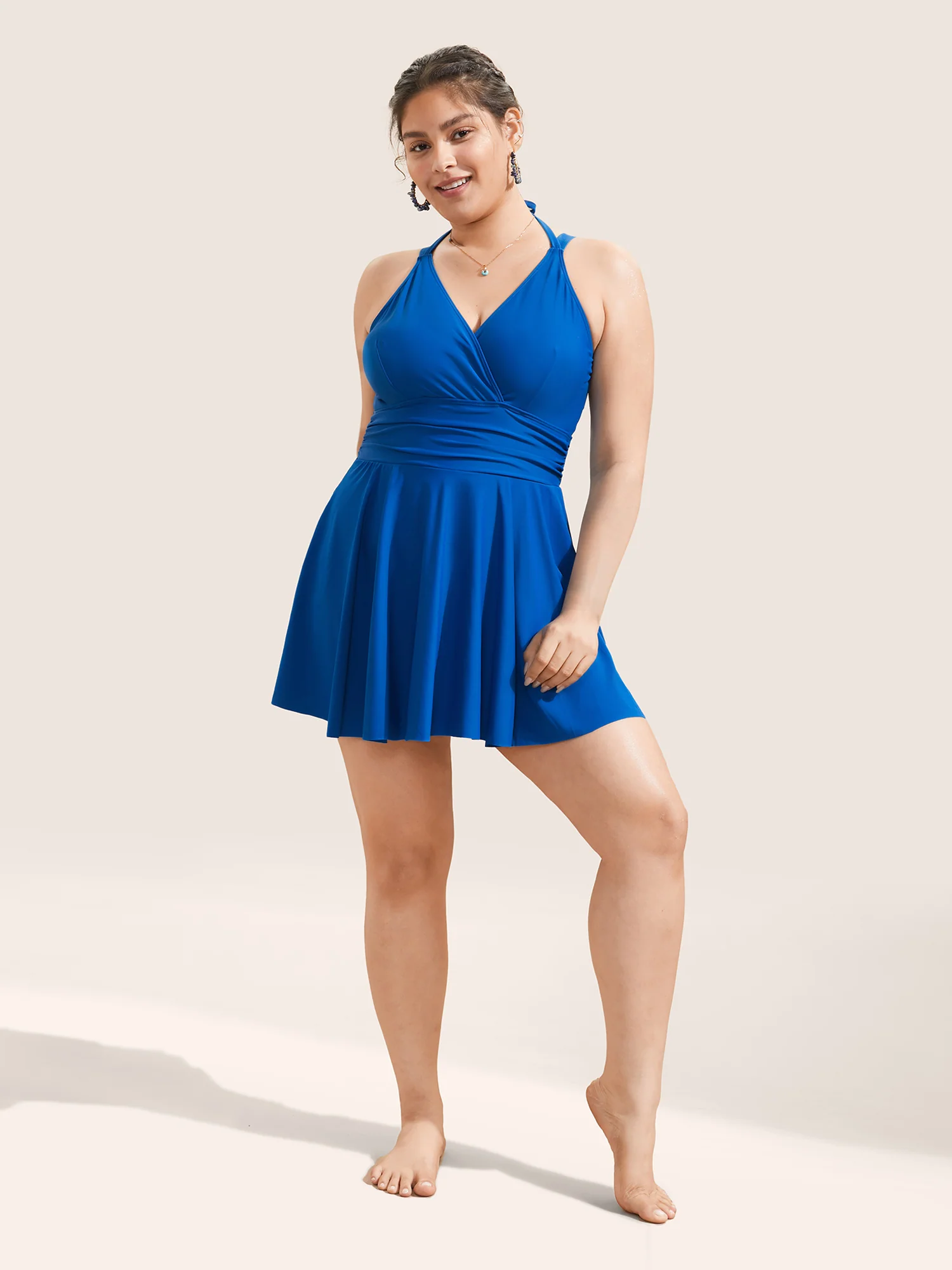 Solid Ruffle Hem Empire Waist Halter Neck Swim Dress