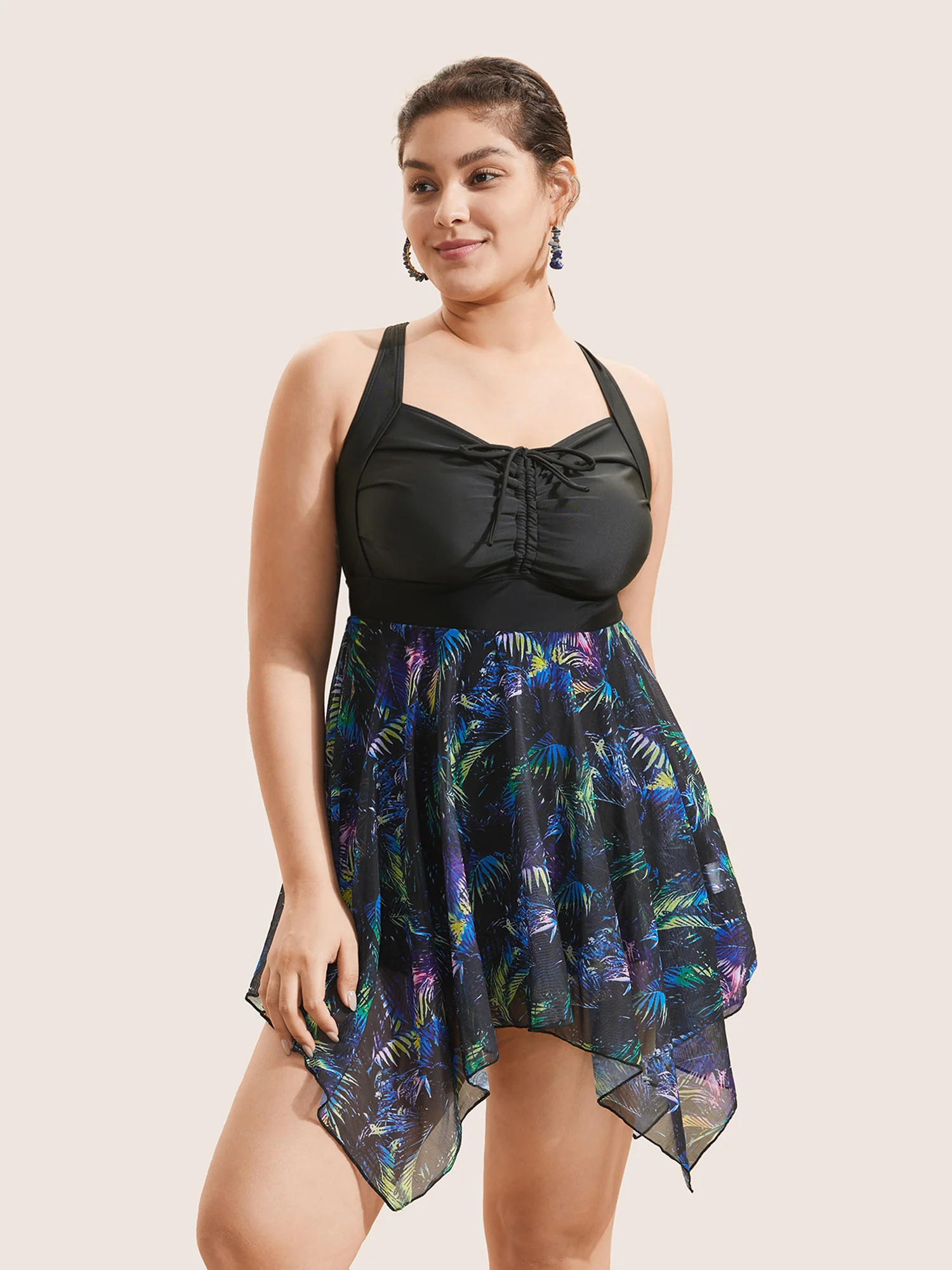 Tropical Ruched Ties Hanky Hem Crisscross Swim Dress