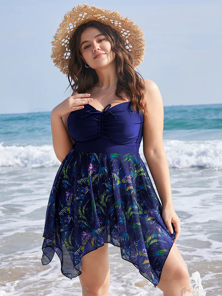 Tropical Ruched Ties Hanky Hem Crisscross Swim Dress