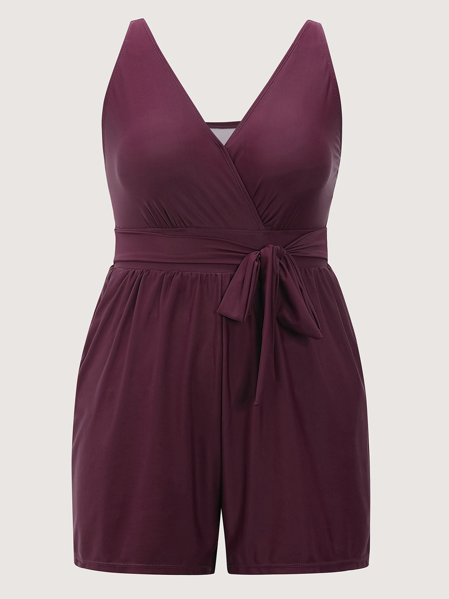 Surplice Neckline Belted Plain One-Piece Swimsuit