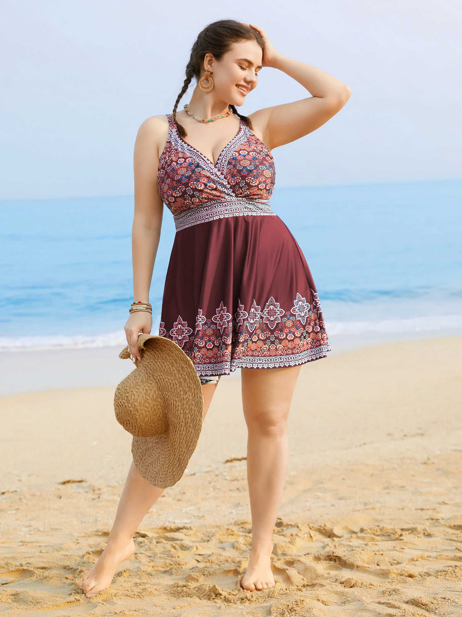 Boho Print Surplice Neck Adjustable Swim Dress