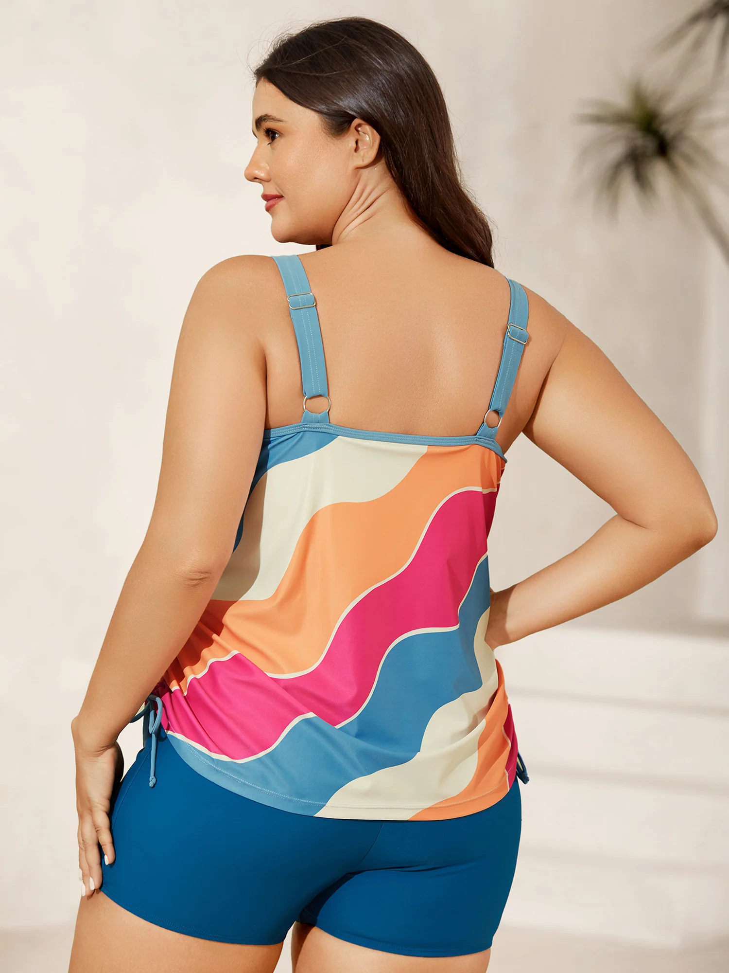 Wavy Color Block Side Drawstring Swim Top
