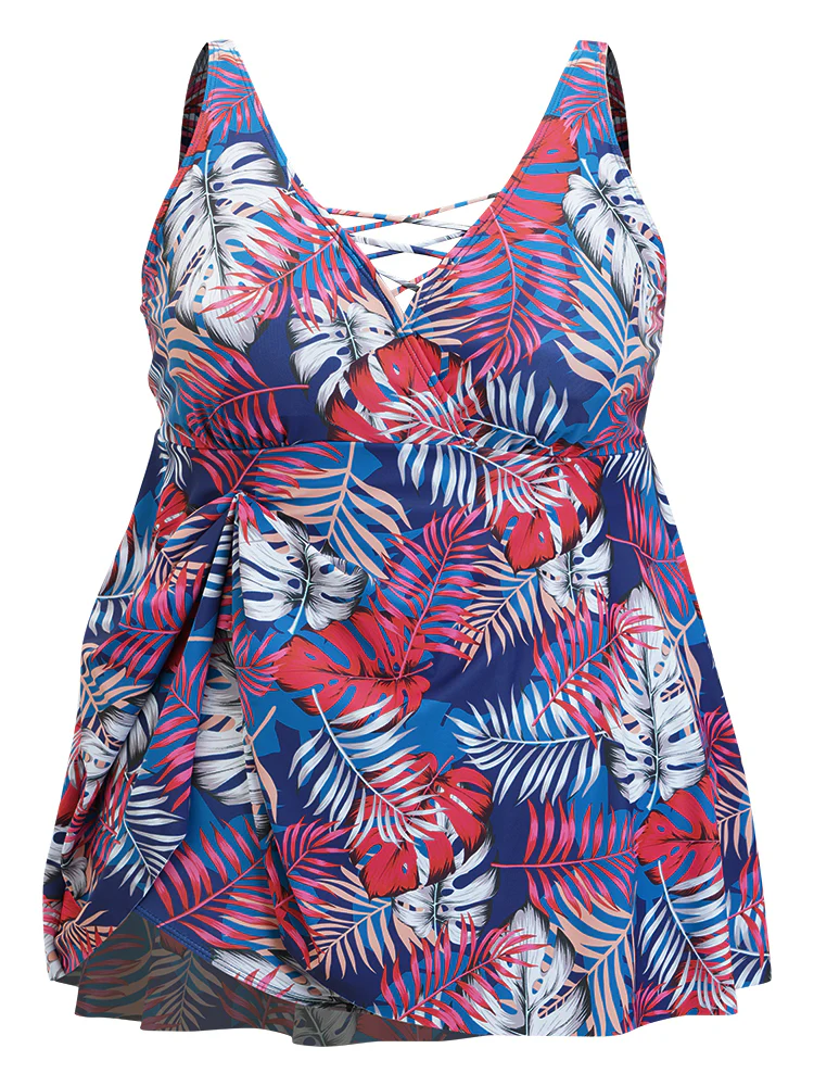 Tropical Print Wrap Ruffles Crisscross Swim Dress