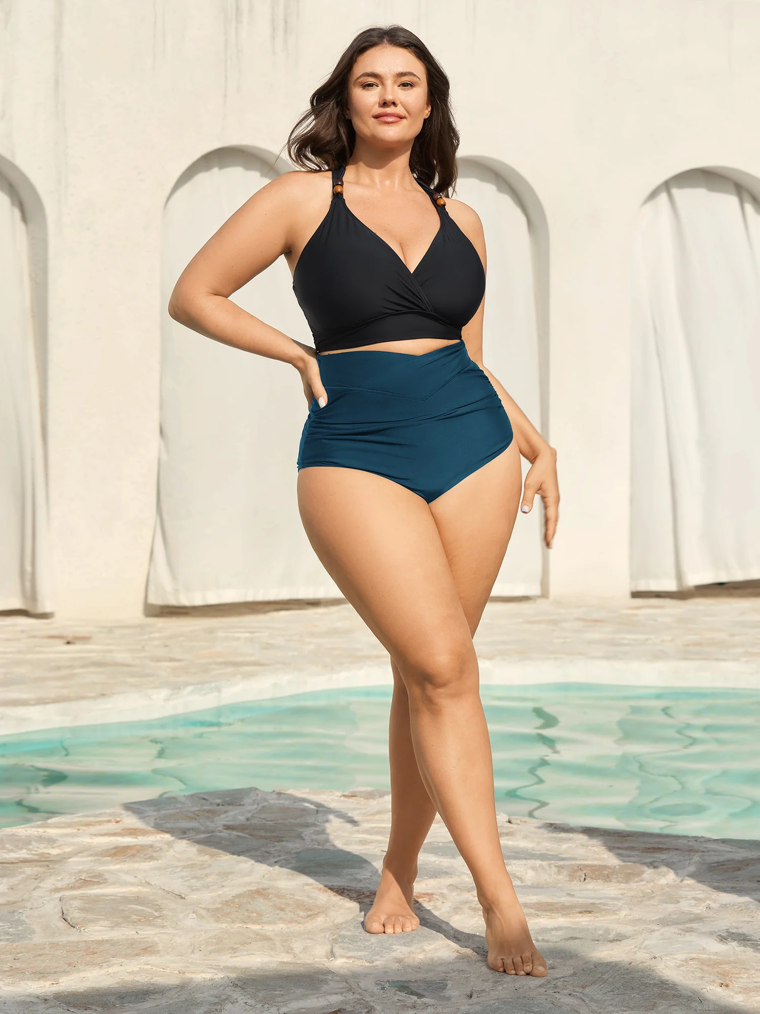 Cross High Waist Ruched Swim Bottoms