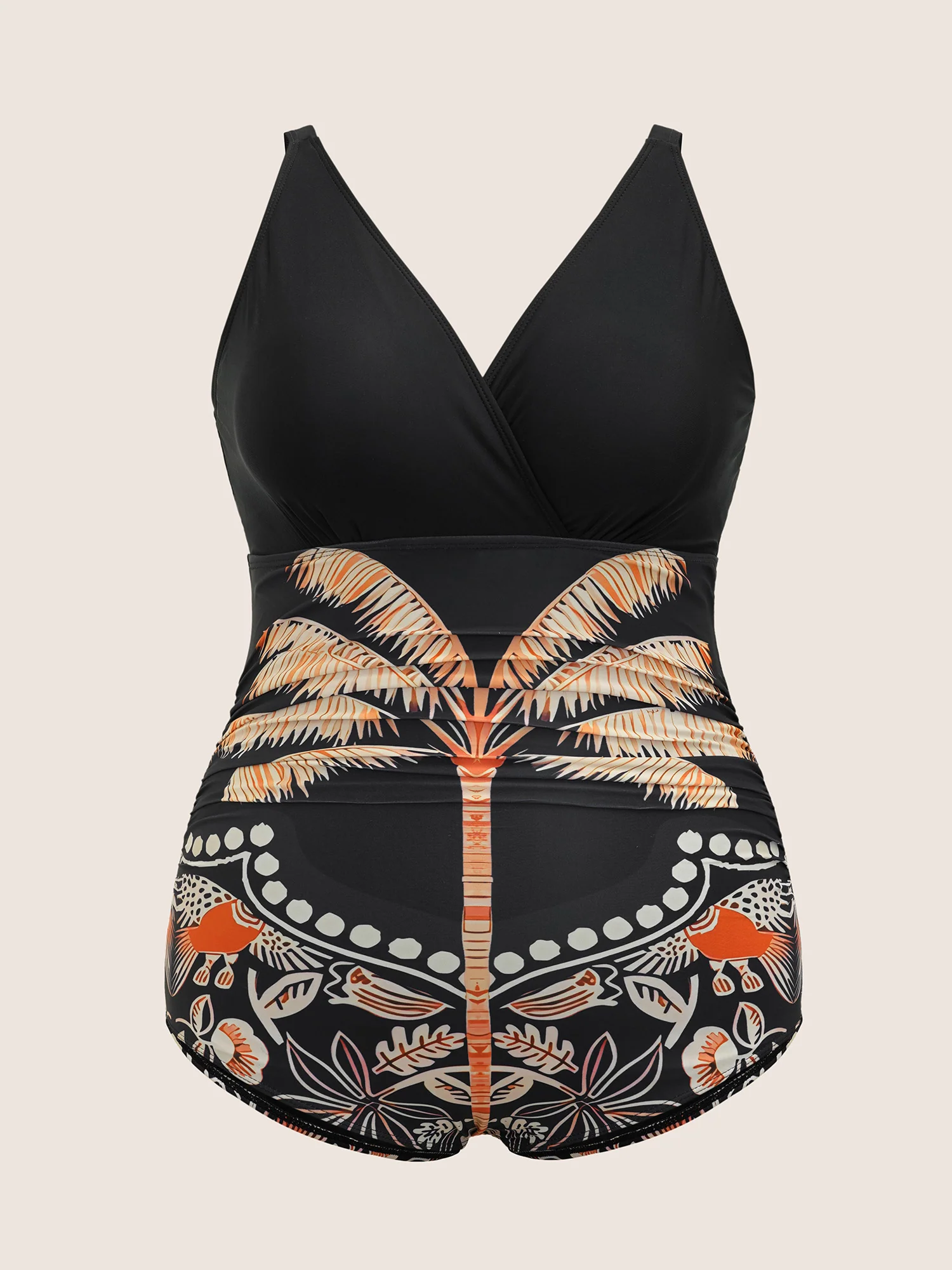 Overlap Collar Tropical Print Gathered One Piece Swimsuit