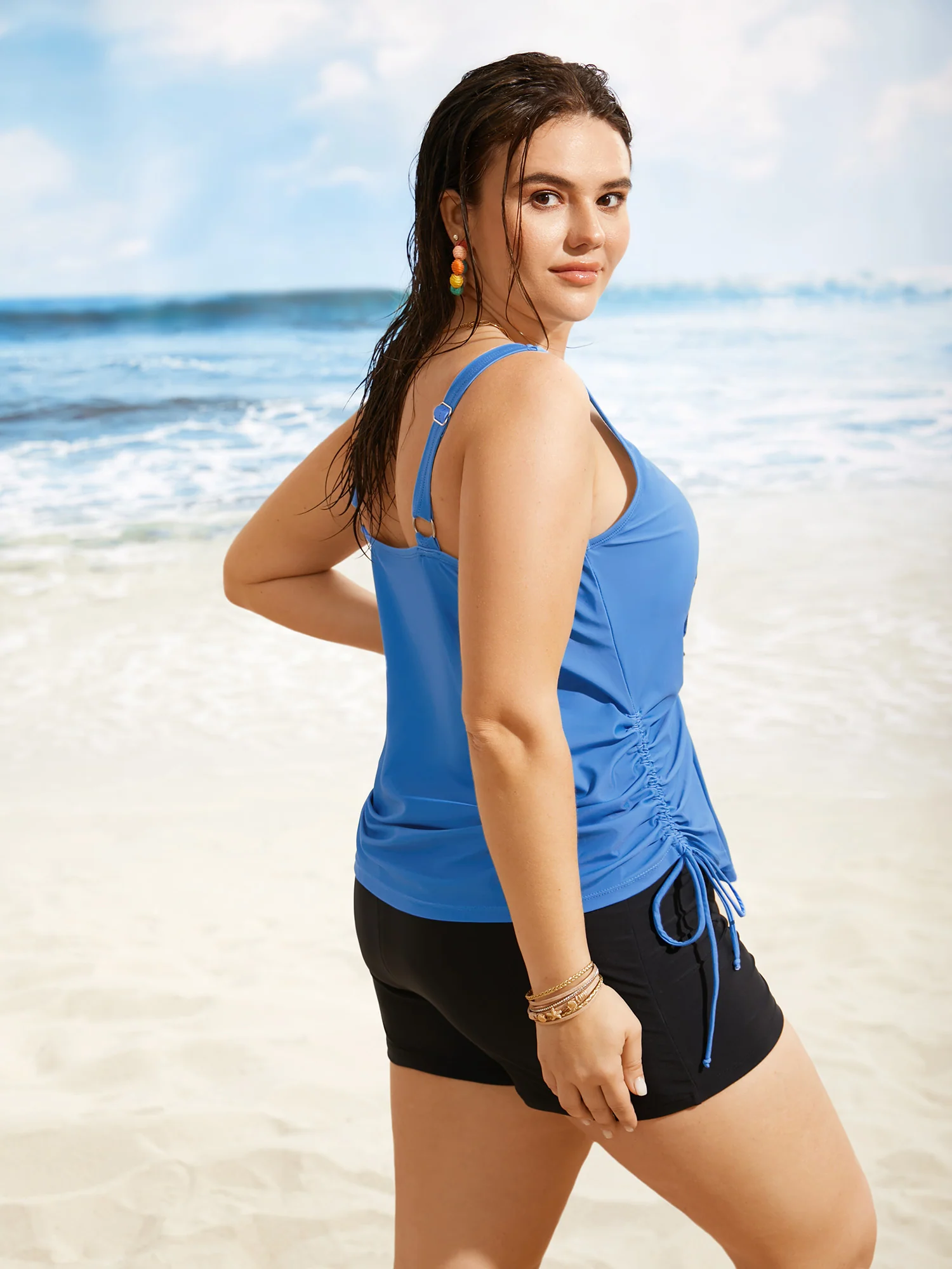 Island Print Drawstring Adjustable Swim Top