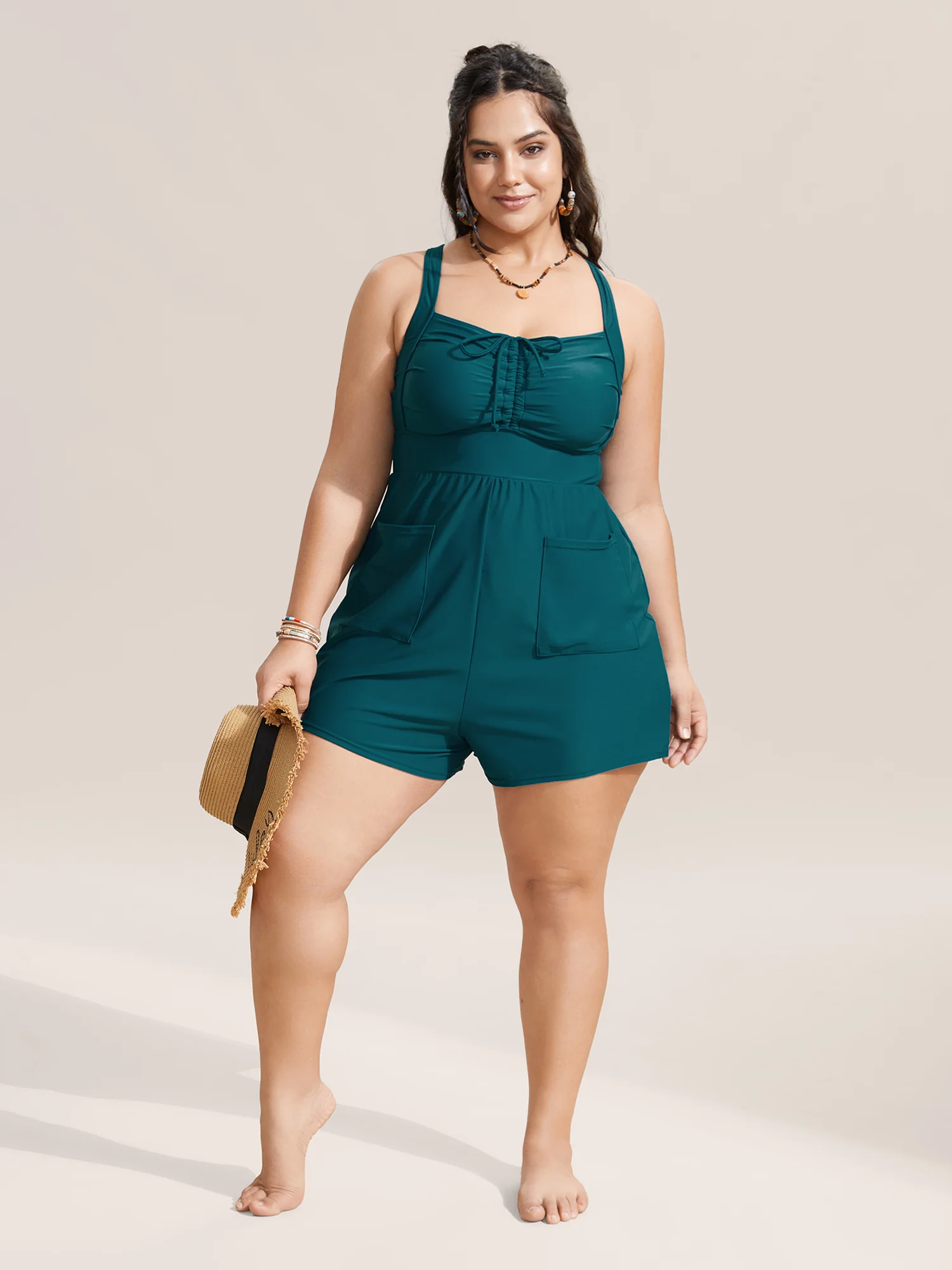 Plain Patched Pocket Drawstring One Piece Swimsuit