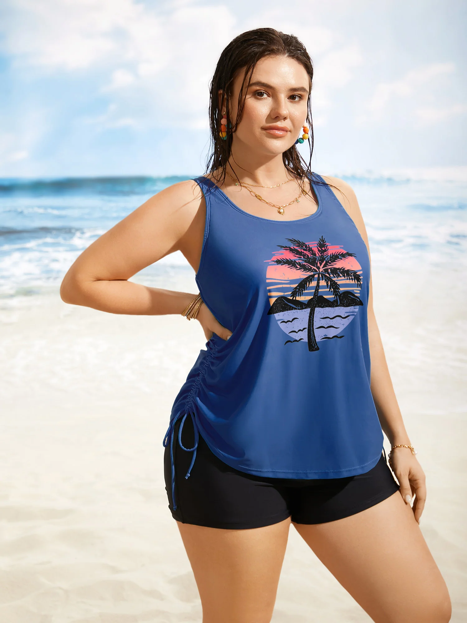 Island Print Drawstring Adjustable Swim Top