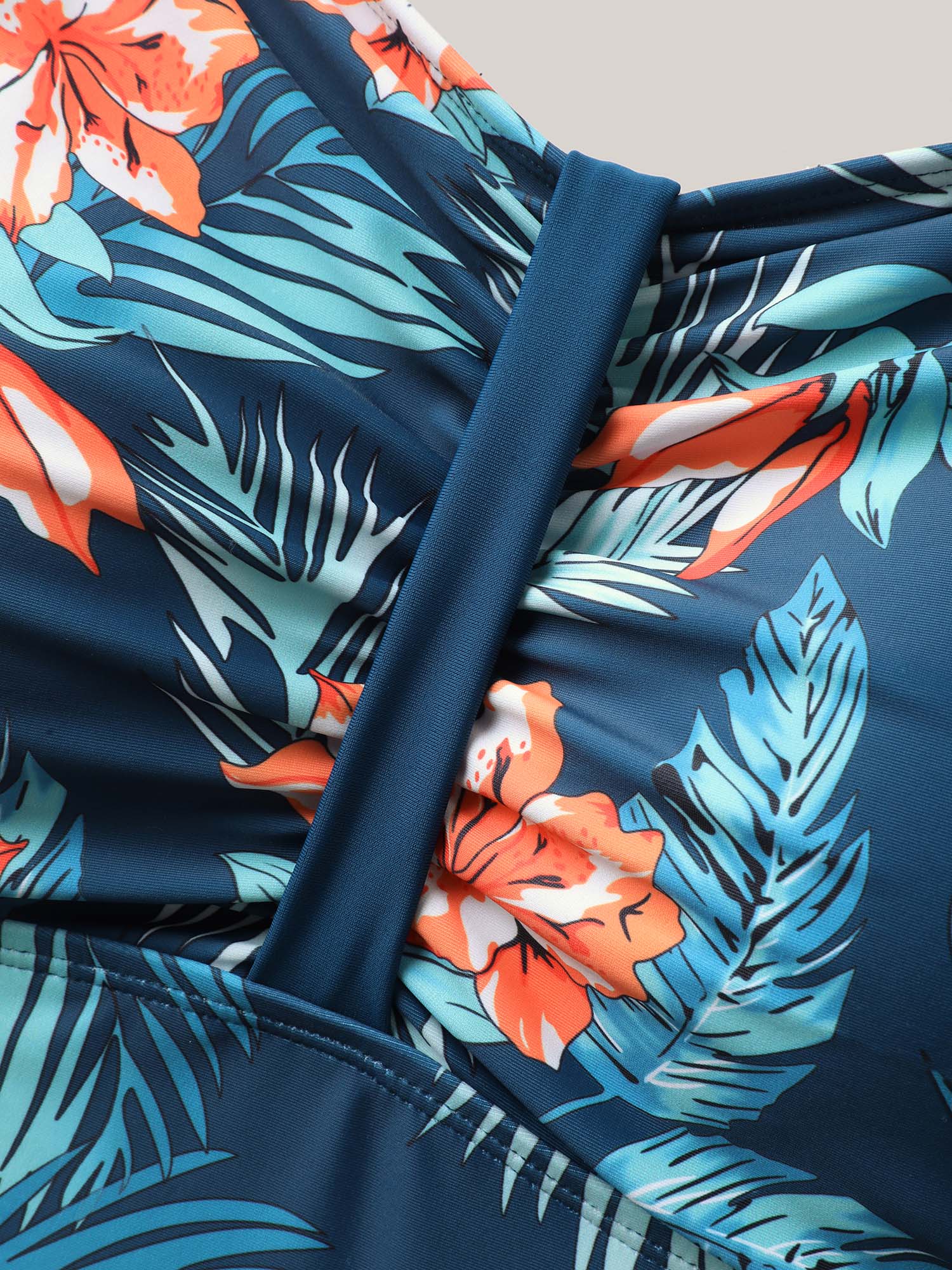 Tropical Print Ruched Spliced Swim Top