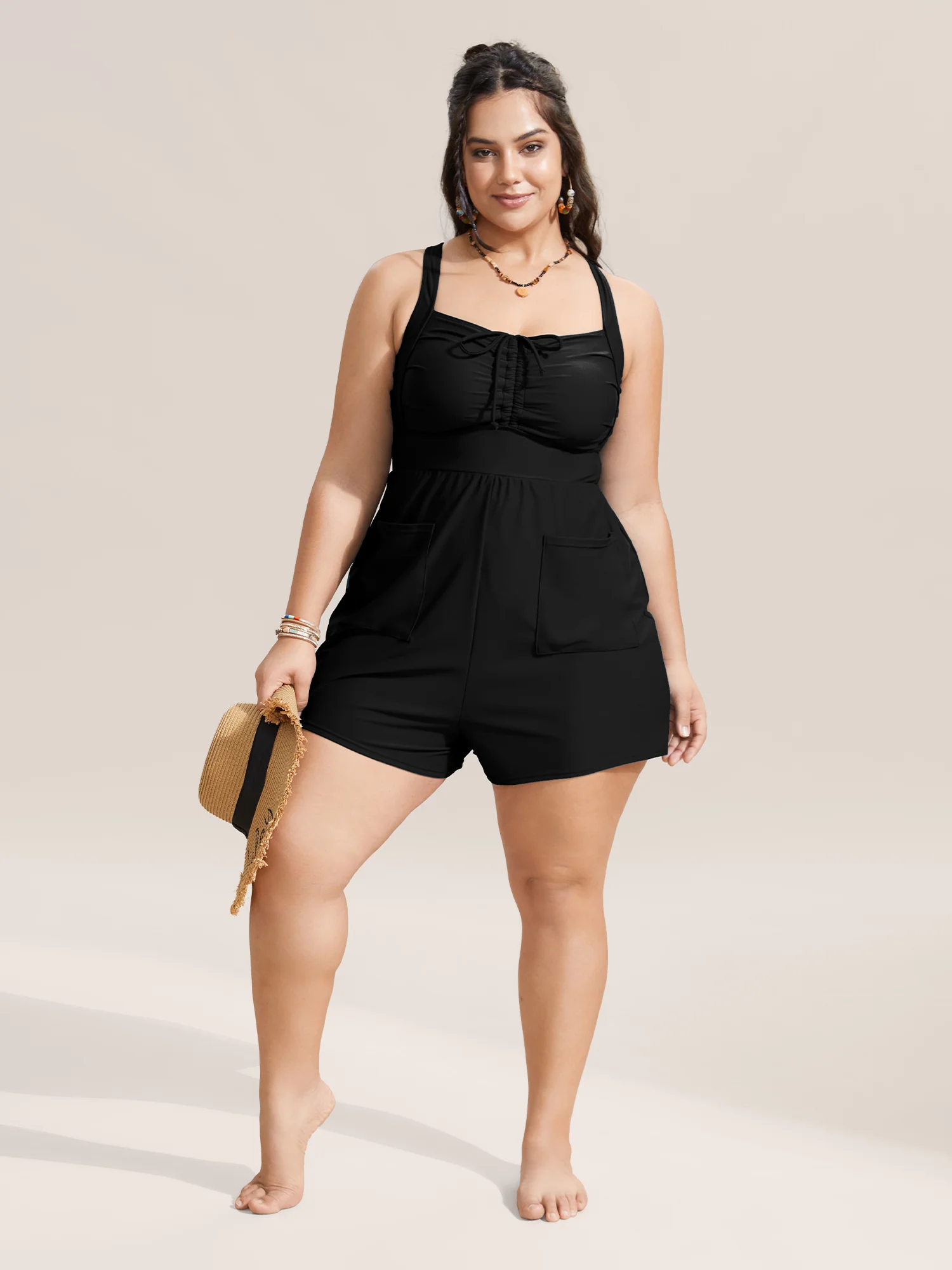 Plain Patched Pocket Drawstring One Piece Swimsuit