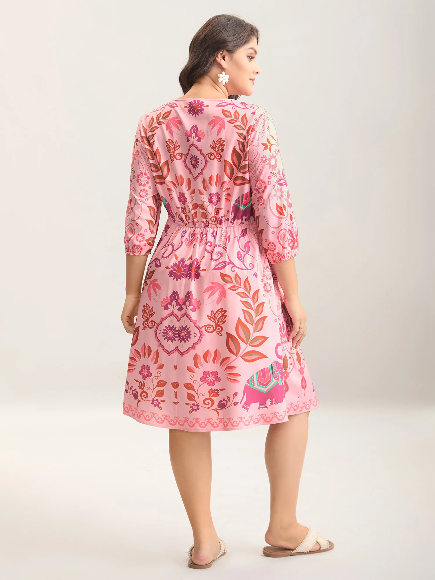 Boho Print V-Neck Pockets Midi Dress