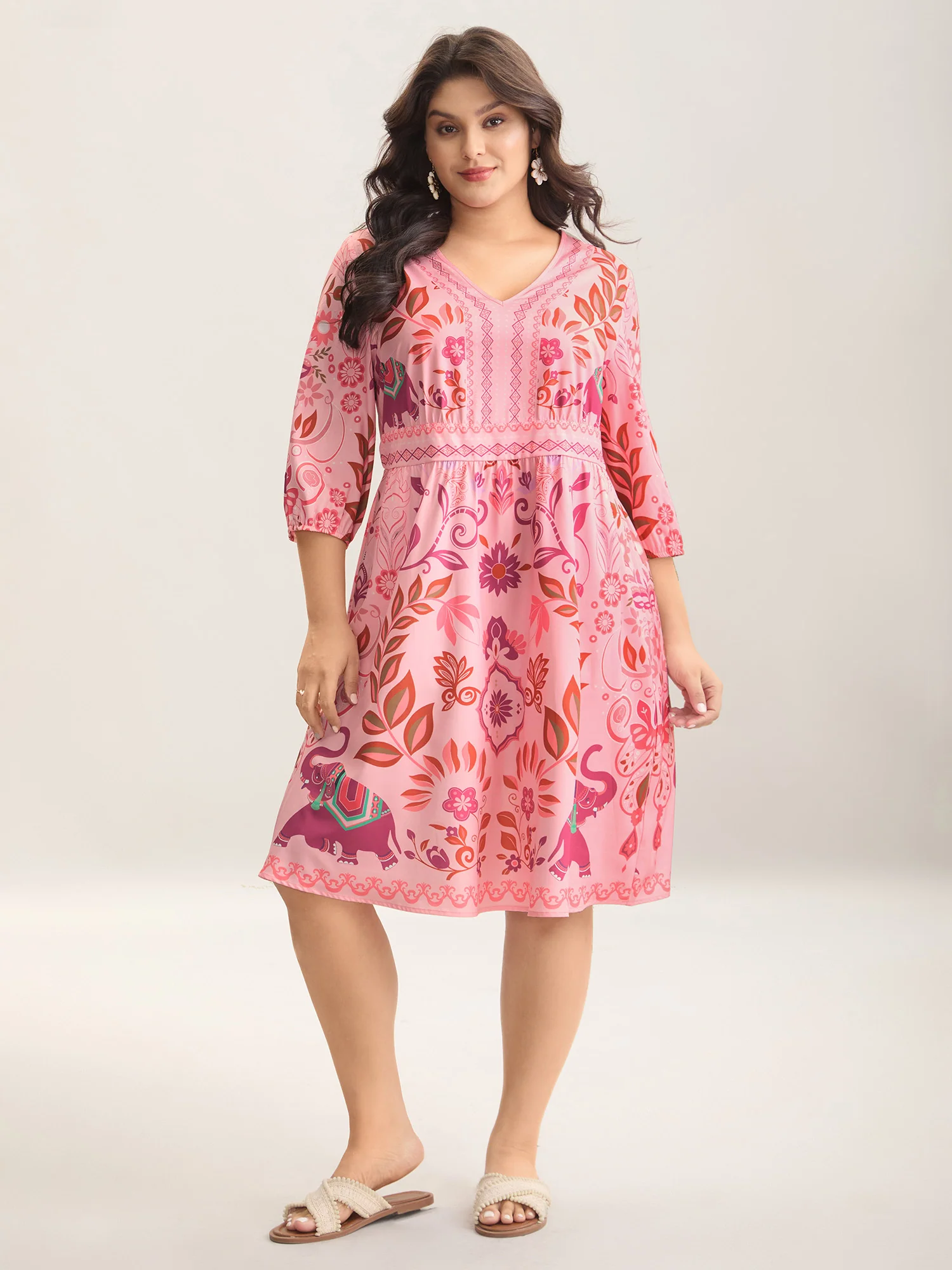 Boho Print V-Neck Pockets Midi Dress