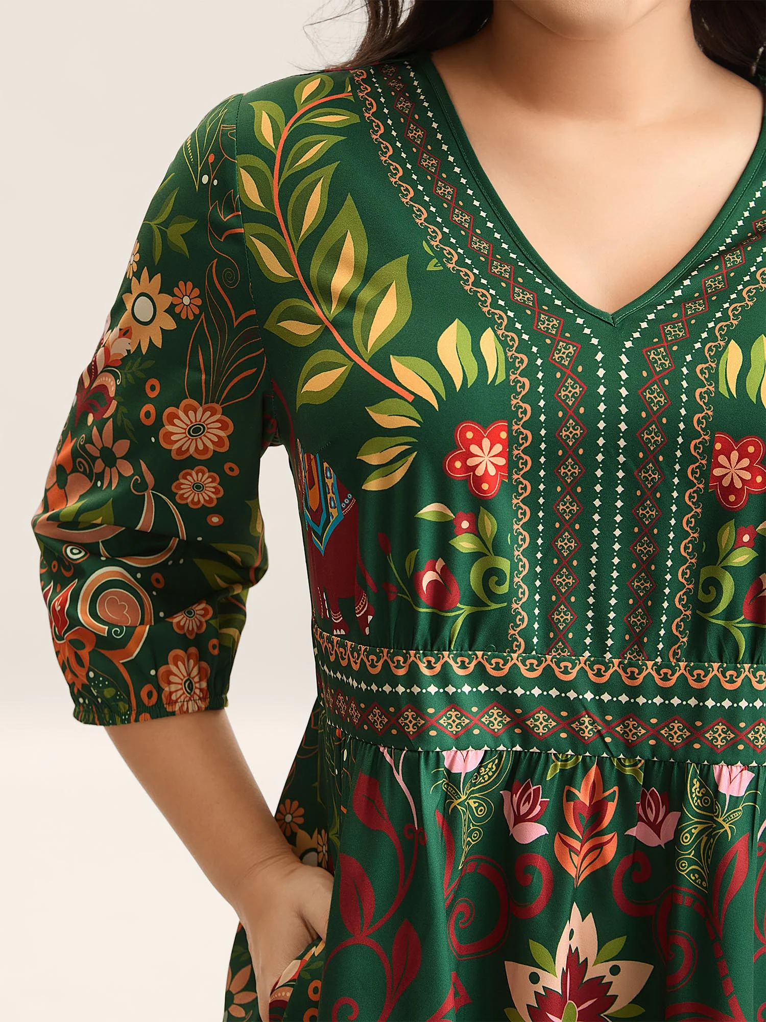 Boho Print V-Neck Pockets Midi Dress