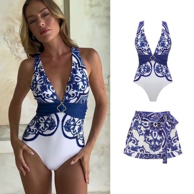 V Neck Classic Majolica Series Pattern Print One Piece Swimsuit and Pants or Shorts