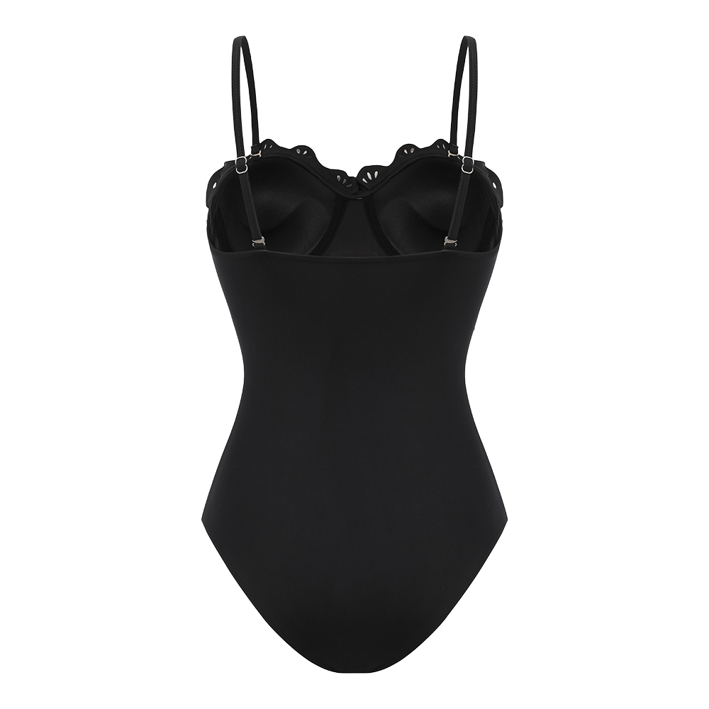 Black Laser Cut Hollow One Piece Swimsuit and Skirt