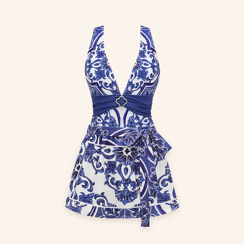 V Neck Classic Majolica Series Pattern Print One Piece Swimsuit and Pants or Shorts