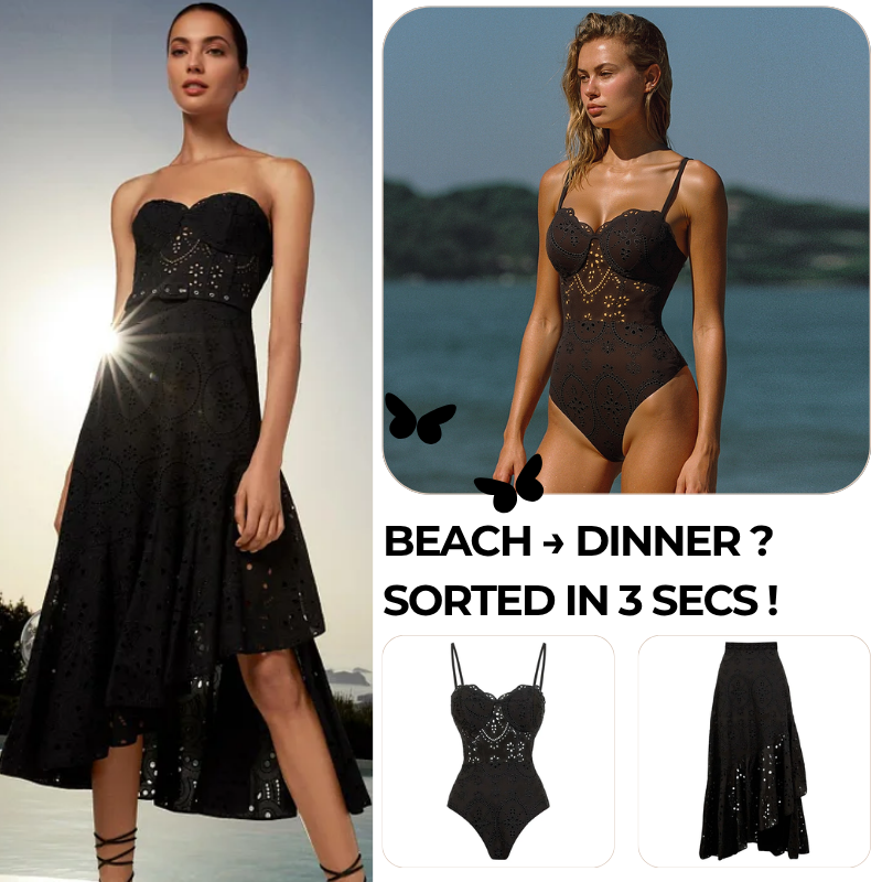 Black Laser Cut Hollow One Piece Swimsuit and Skirt