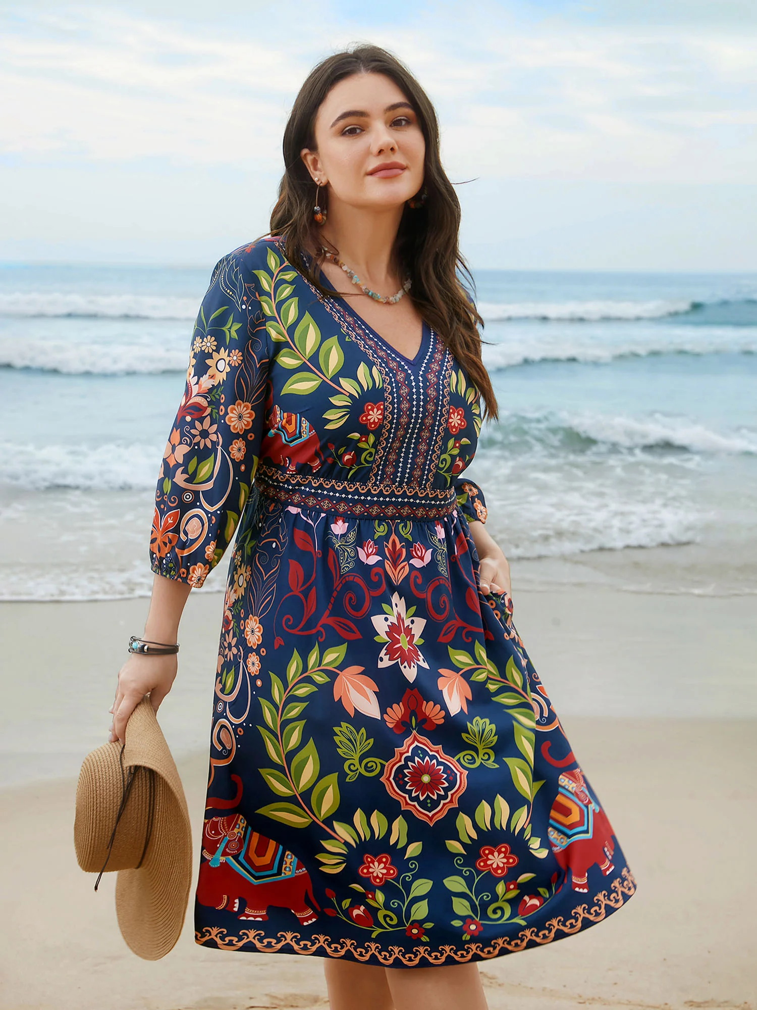 Boho Print V-Neck Pockets Midi Dress
