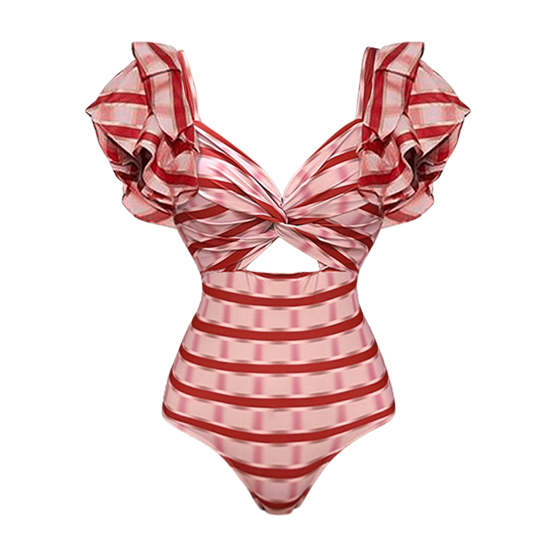 Ruffle Red Striped Printed Cut Out One Piece Swimsuit and Skirt