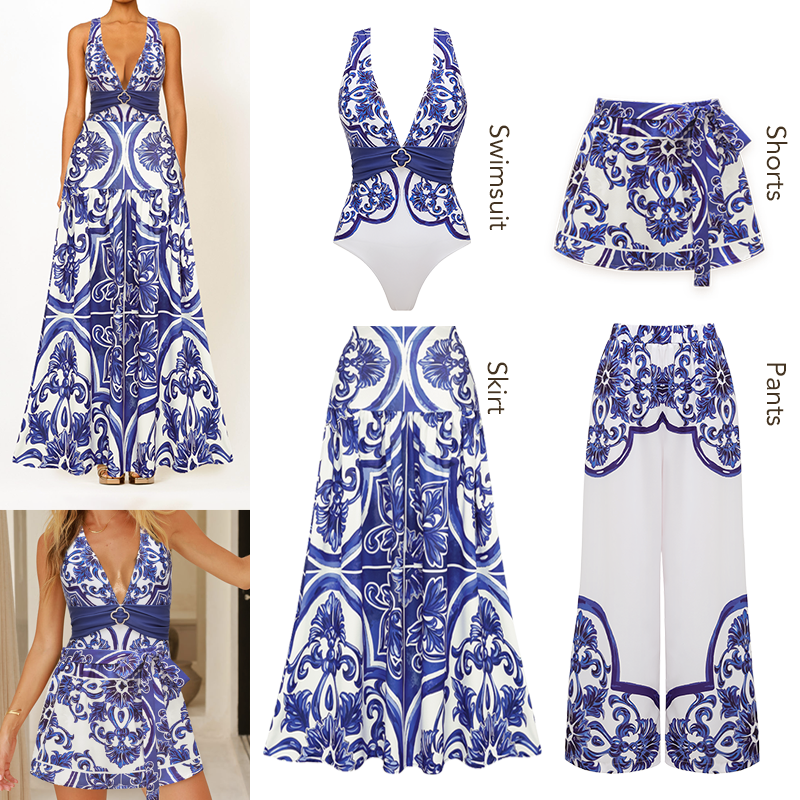 V Neck Classic Majolica Series Pattern Print One Piece Swimsuit and Pants or Shorts