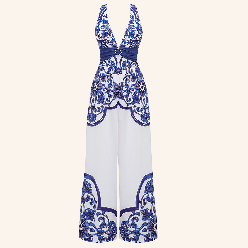 V Neck Classic Majolica Series Pattern Print One Piece Swimsuit and Pants or Shorts