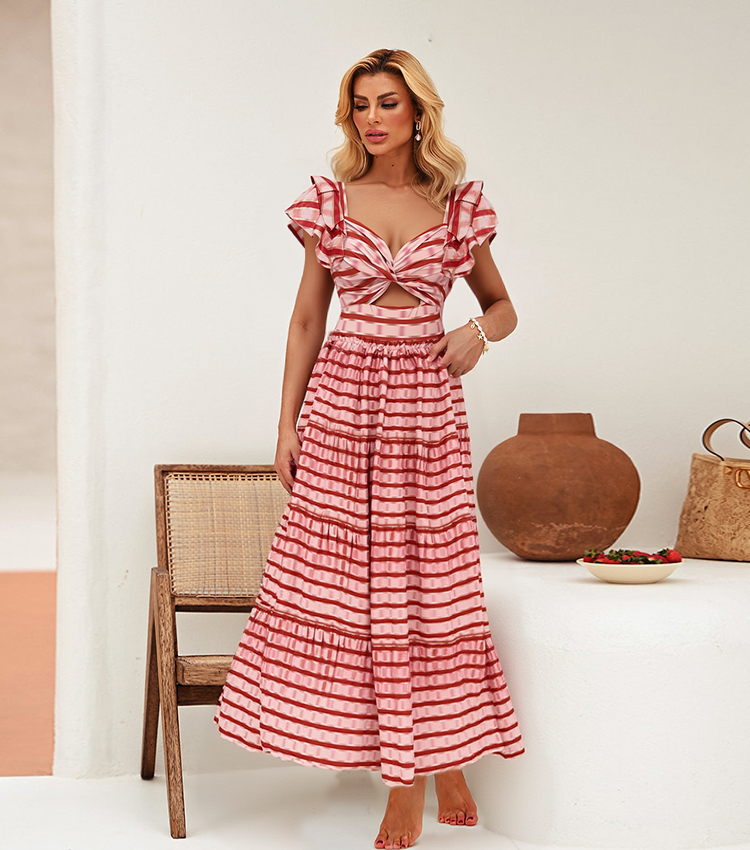 Ruffle Red Striped Printed Cut Out One Piece Swimsuit and Skirt