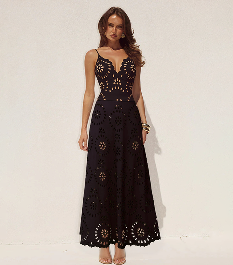 Black Laser Cutting Flower Hollow One Piece Swimsuit and Skirt